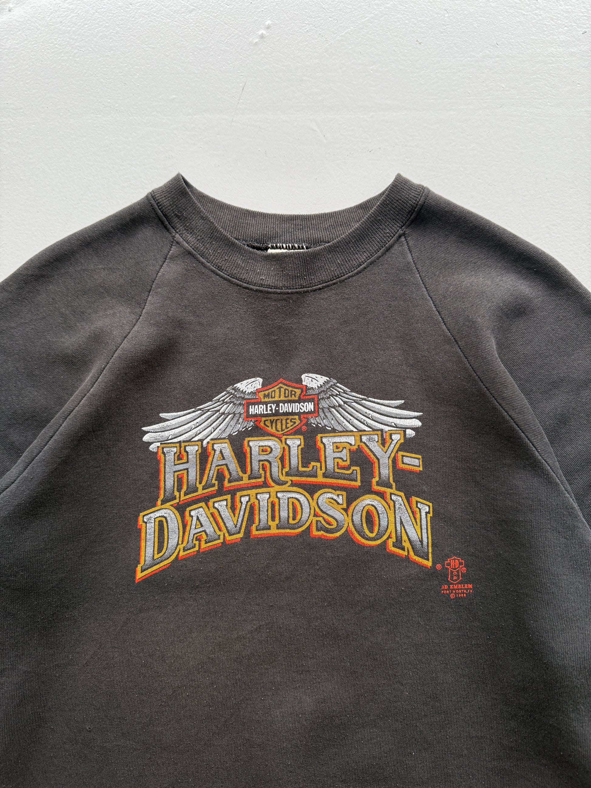 Harley Davidson Sweatshirt Rare Faded Black 80's Vintage 3D Emblem - Medium