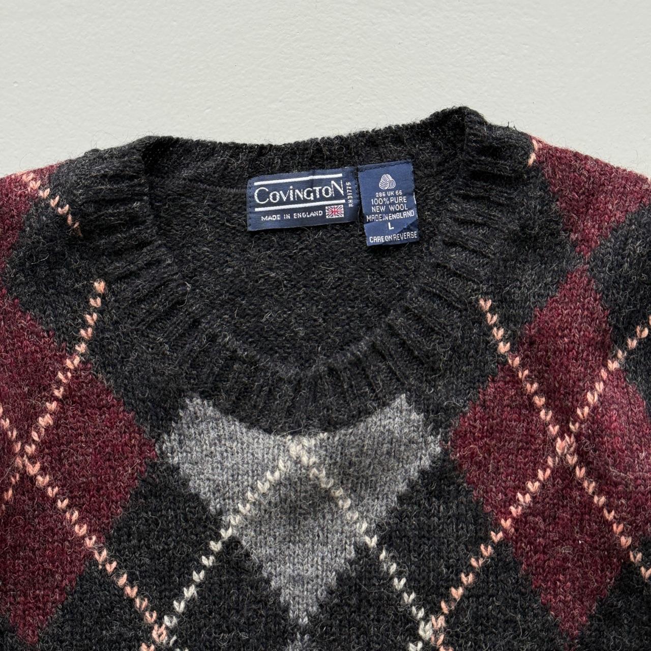 Grey Argyle Knitted 80s Vintage Knit Crew Neck Jumper - XL