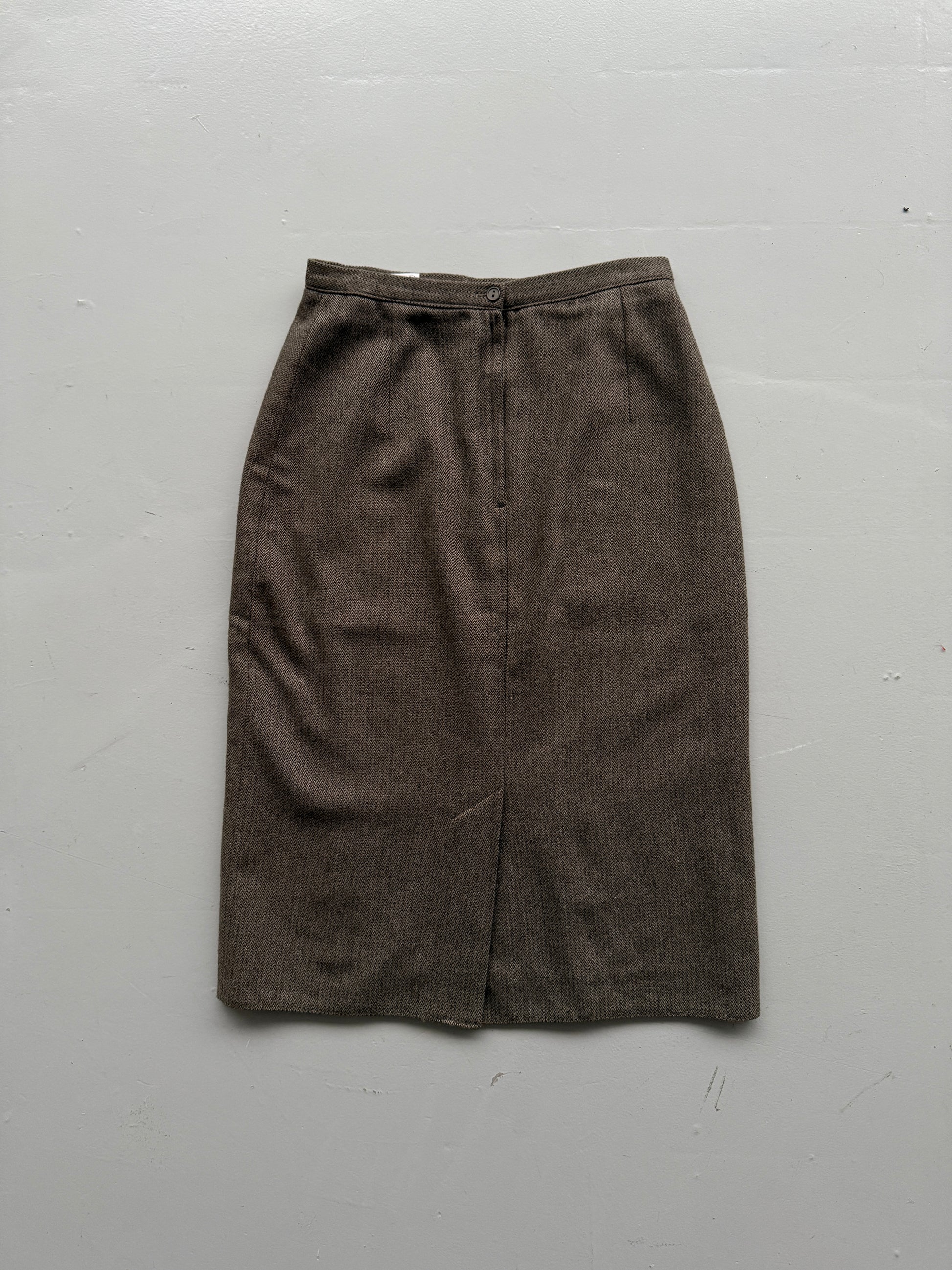 Brown Woollen 80's Vintage Midi High Waisted Pencil Skirt - UK 14