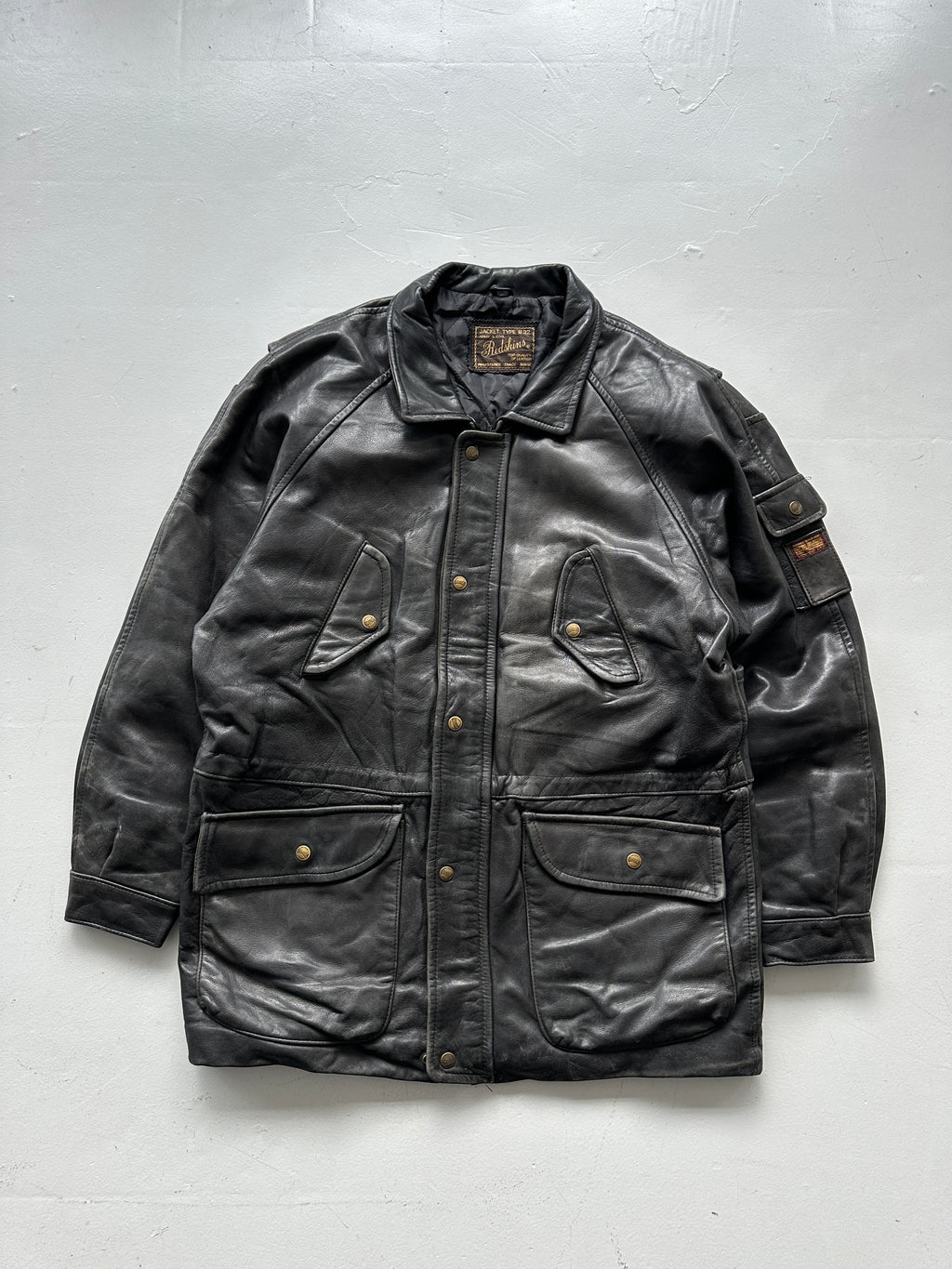 Black Vintage Redskins Leather Jacket 90's Army & Civil B32 - Large