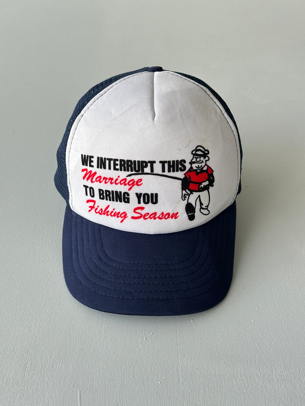 White / Navy Fishing Season 90's Vintage Foam and Mesh SnapBack Trucker Cap