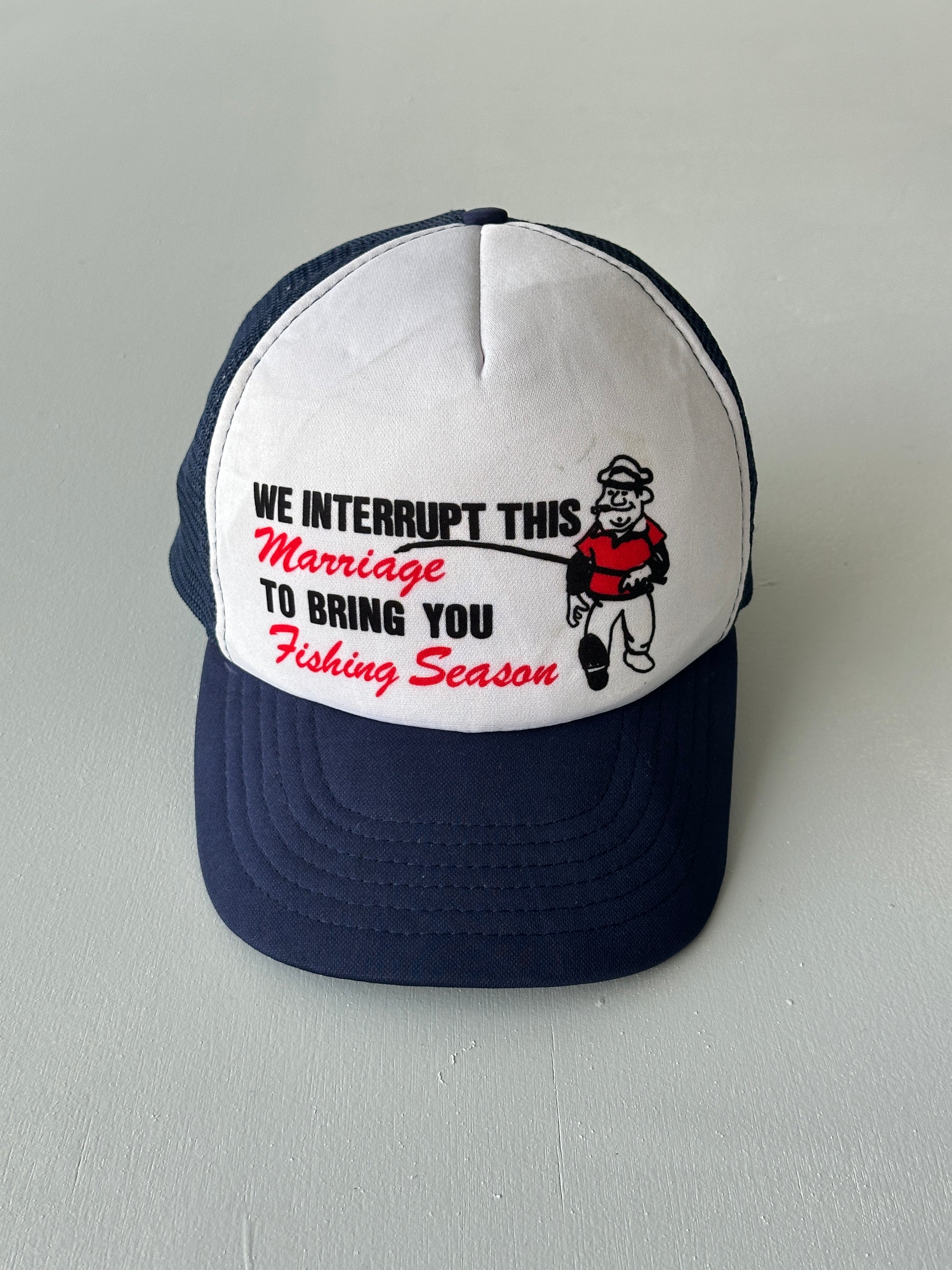White / Navy Fishing Season 90's Vintage Foam and Mesh SnapBack Trucker Cap