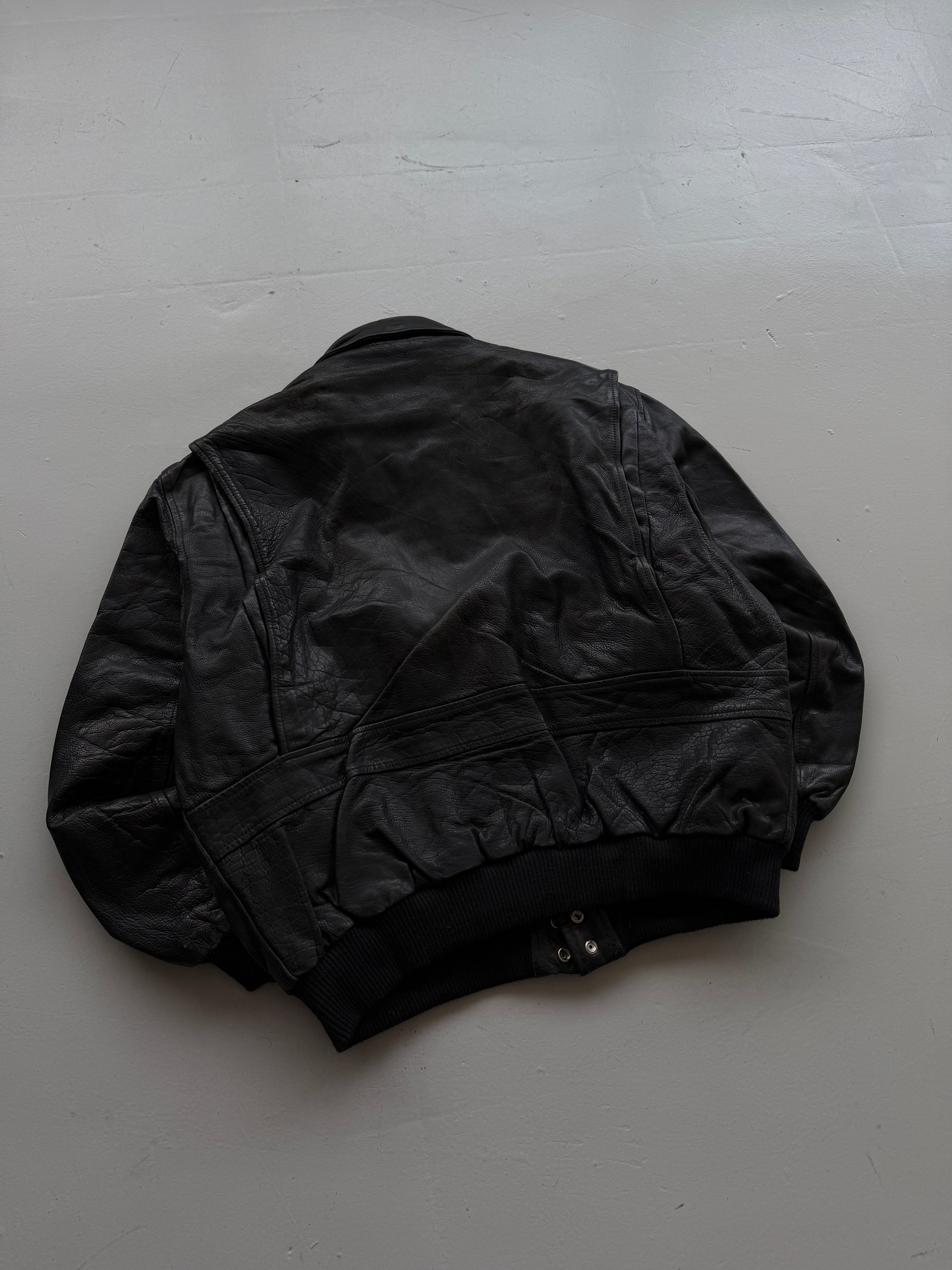 Black A2 Leather Vintage Aviation 90s Bomber Jacket - Large