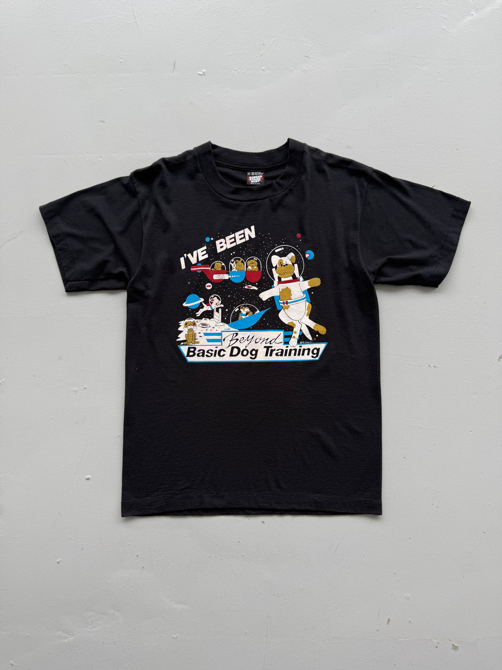 Black Space Dog 90's Vintage Graphic Single Stitch Illustrated T-Shirt - Small