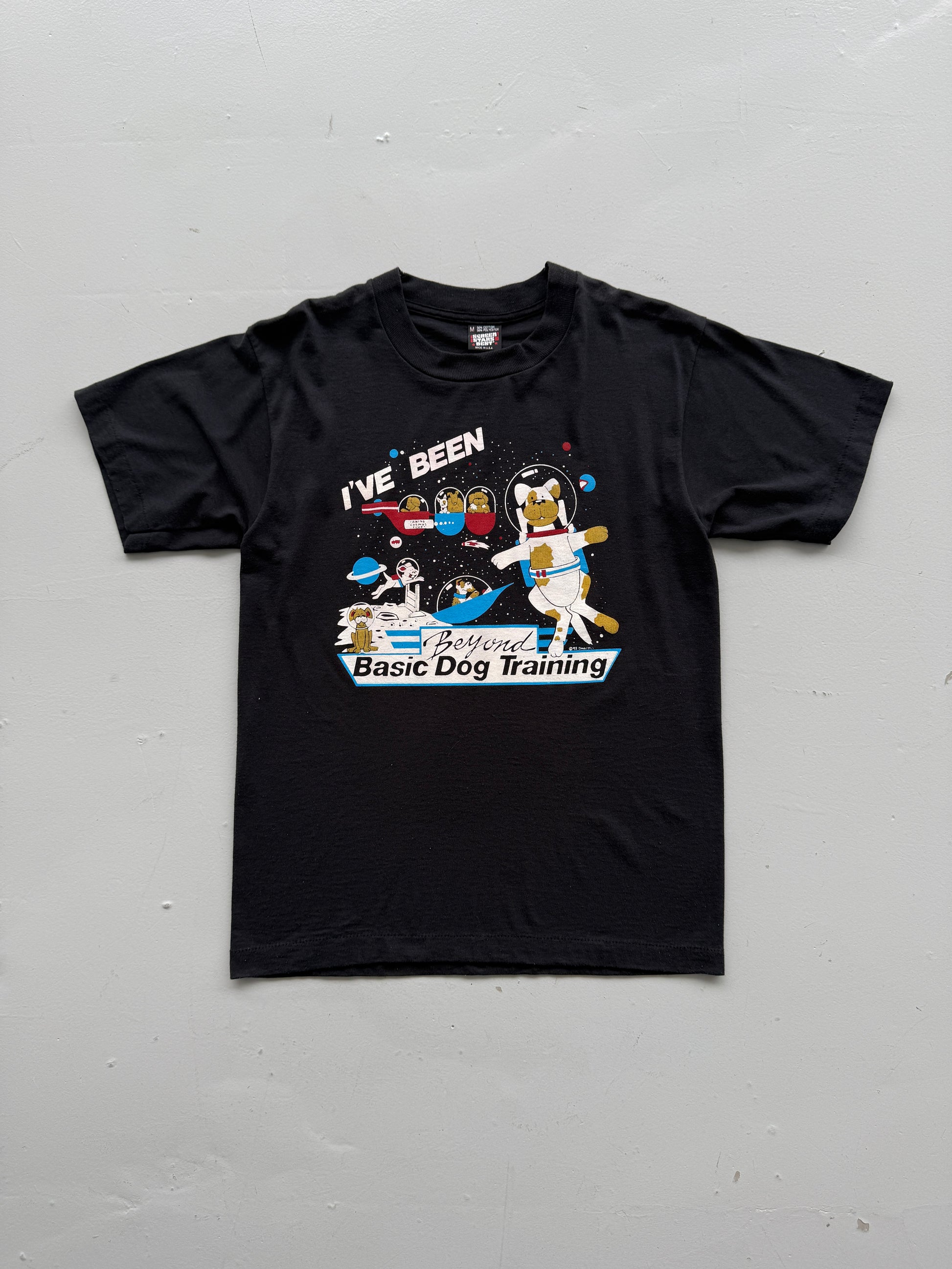 Black Space Dog 90's Vintage Graphic Single Stitch Illustrated T-Shirt - Small