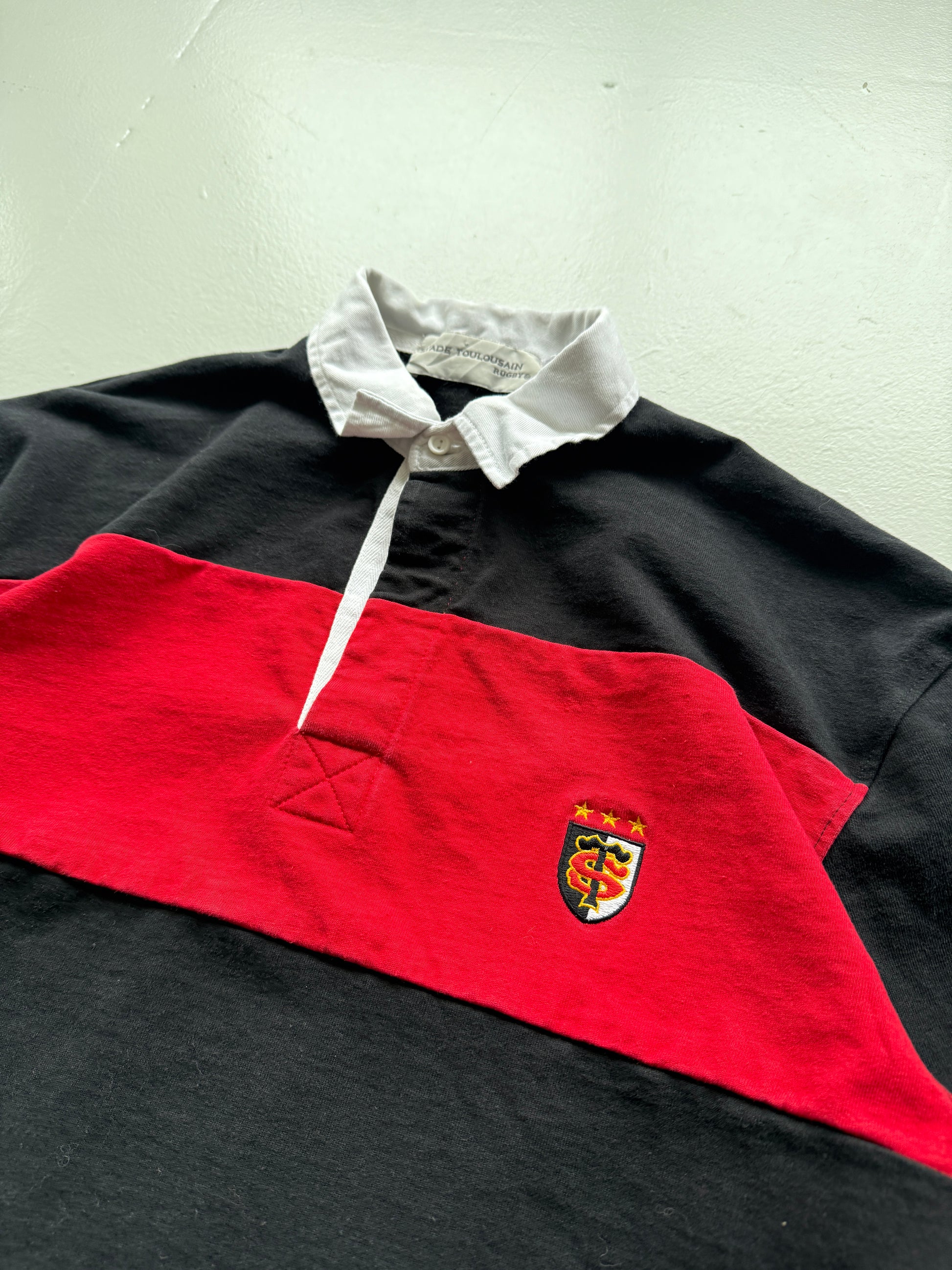 Red Striped Stade Toulousain 90's Vintage Long Sleeve Rugby Jersey Polo - Medium