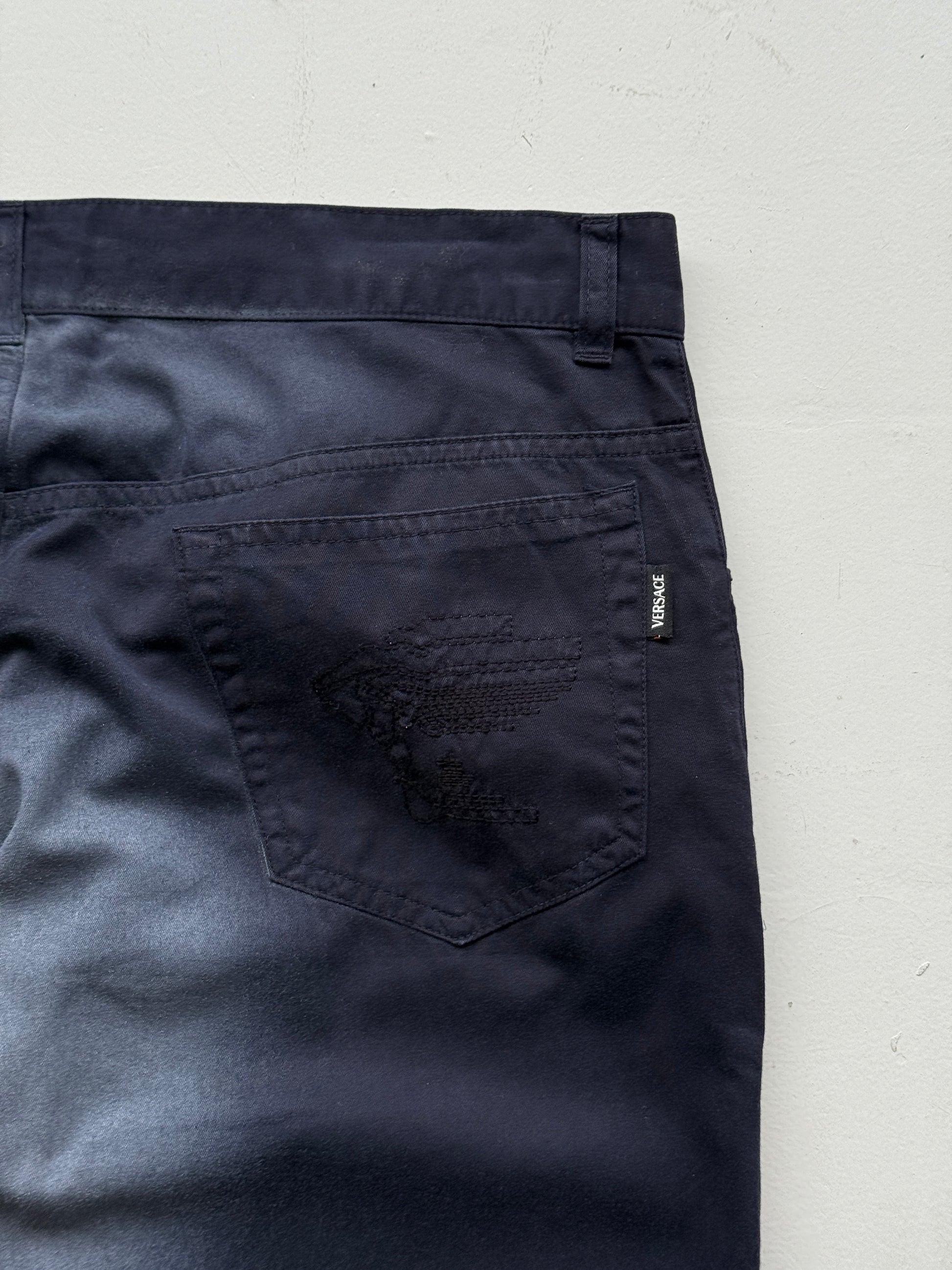 Navy Blue Versace Y2K Vintage Low Rise Faded Trousers - UK 14