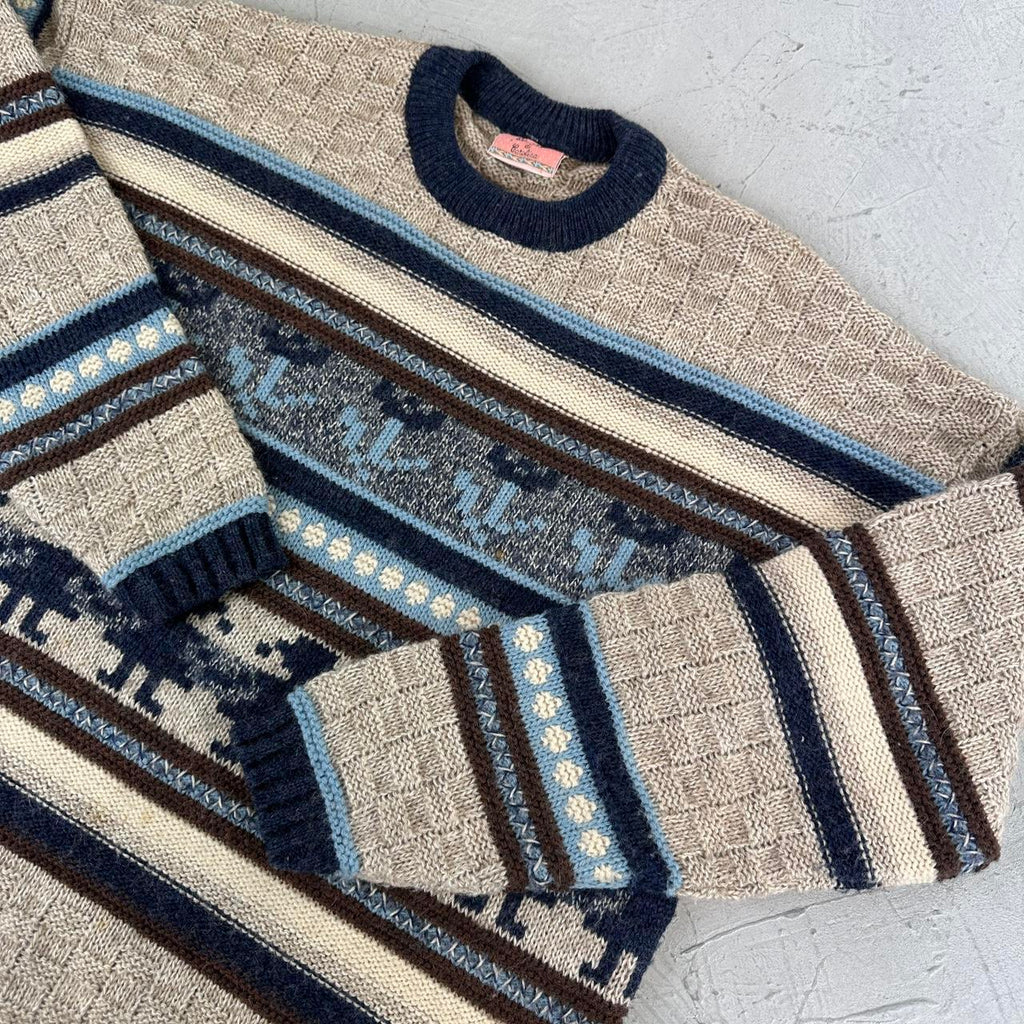 Cream / Navy 90's Woollen Knitted Sweatshirt - Small