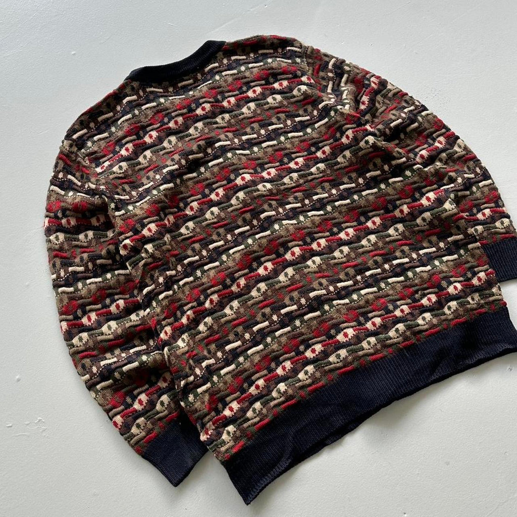 Multicoloured 90s Vintage Australian Woollen Pattern 3D Knit Wool Sweatshirt Cardigan- Medium
