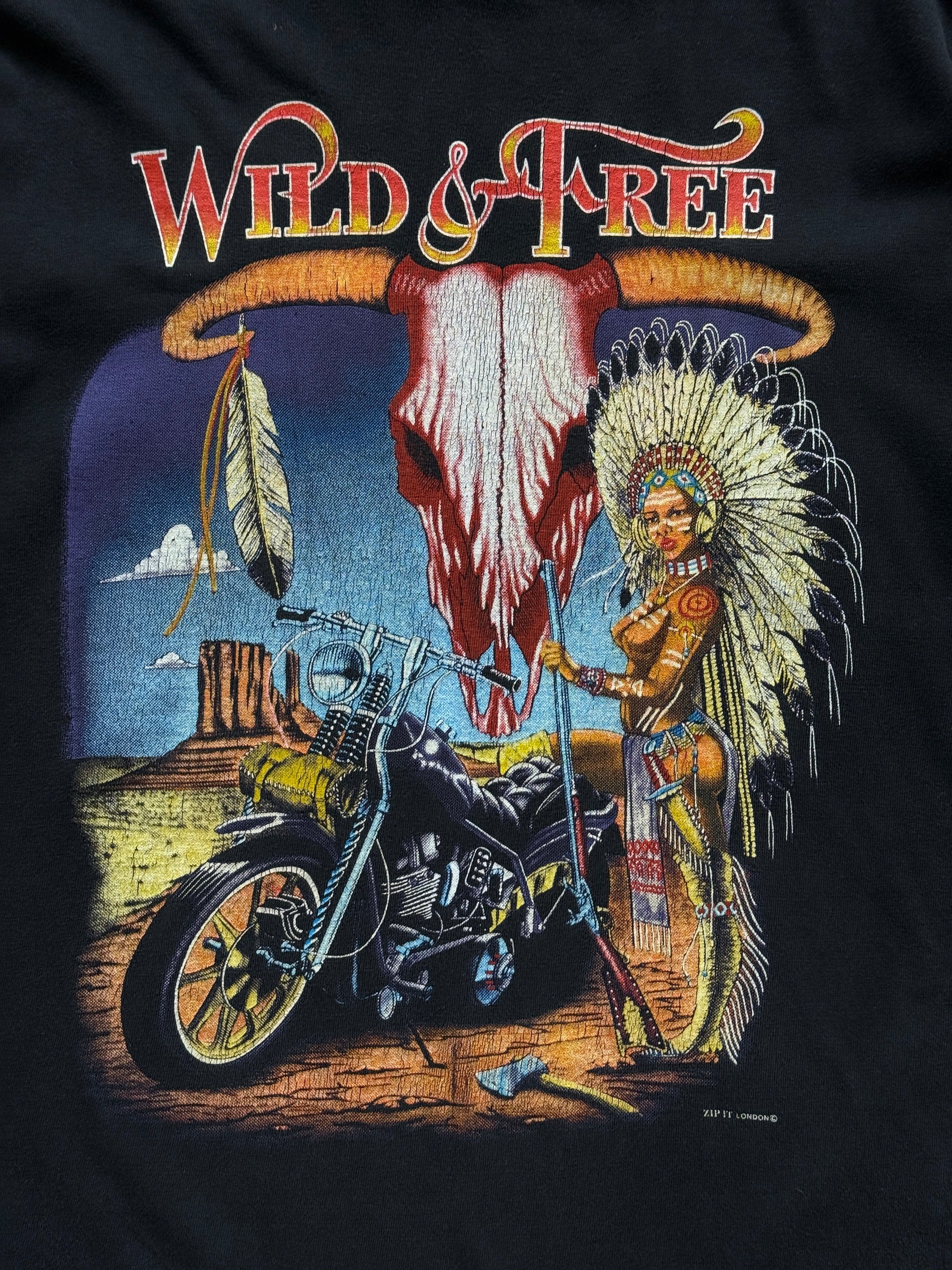 Black Wild and Free 90's Vintage Long Sleeve Biker Graphic T-Shirt - Large