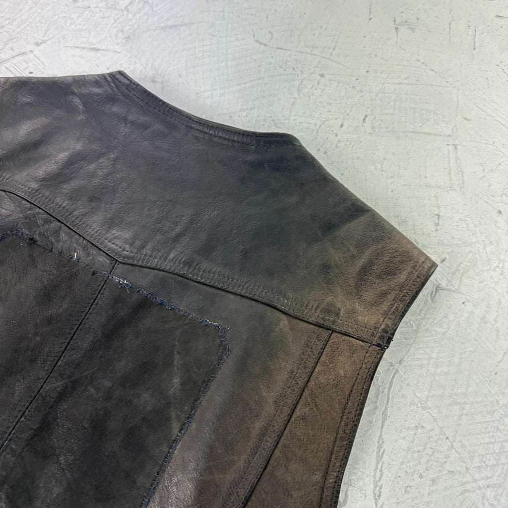 Black Leather 90s Vintage Biker Waistcoat - Medium