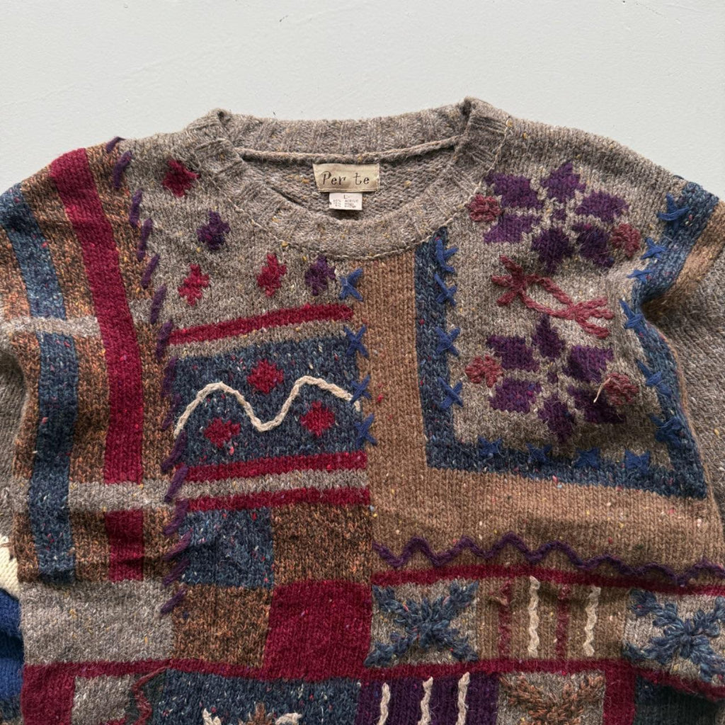 Brown Woollen 90's Vintage Patchwork Pattern Knit Jumper - Mens Large - Womens 12