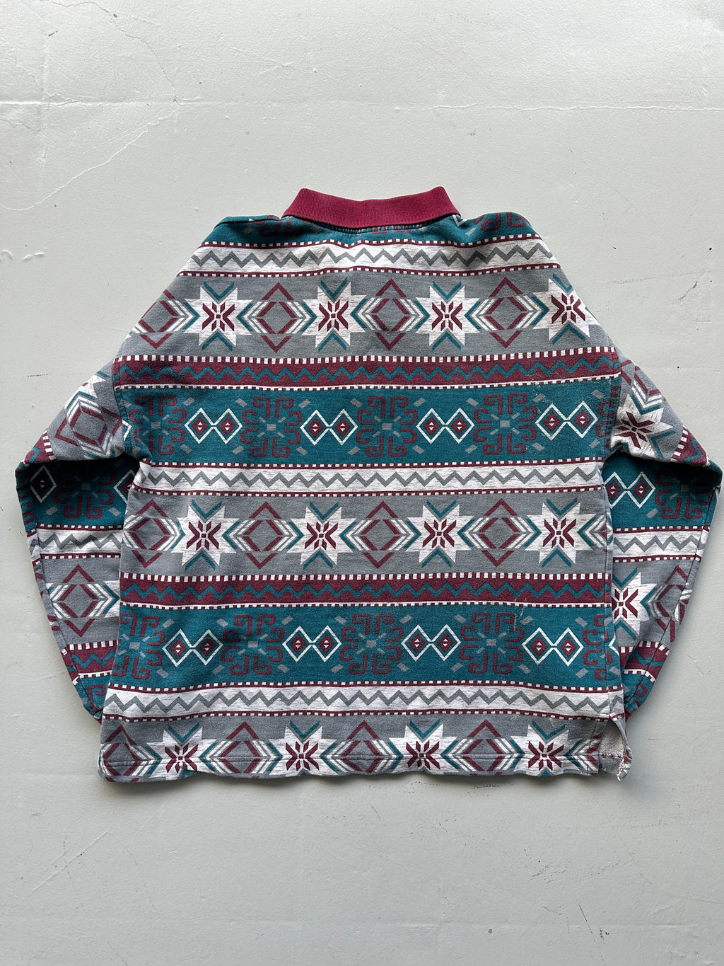 Patterned 90's Quarter Button-Up Vintage Polo Sweatshirt - Small