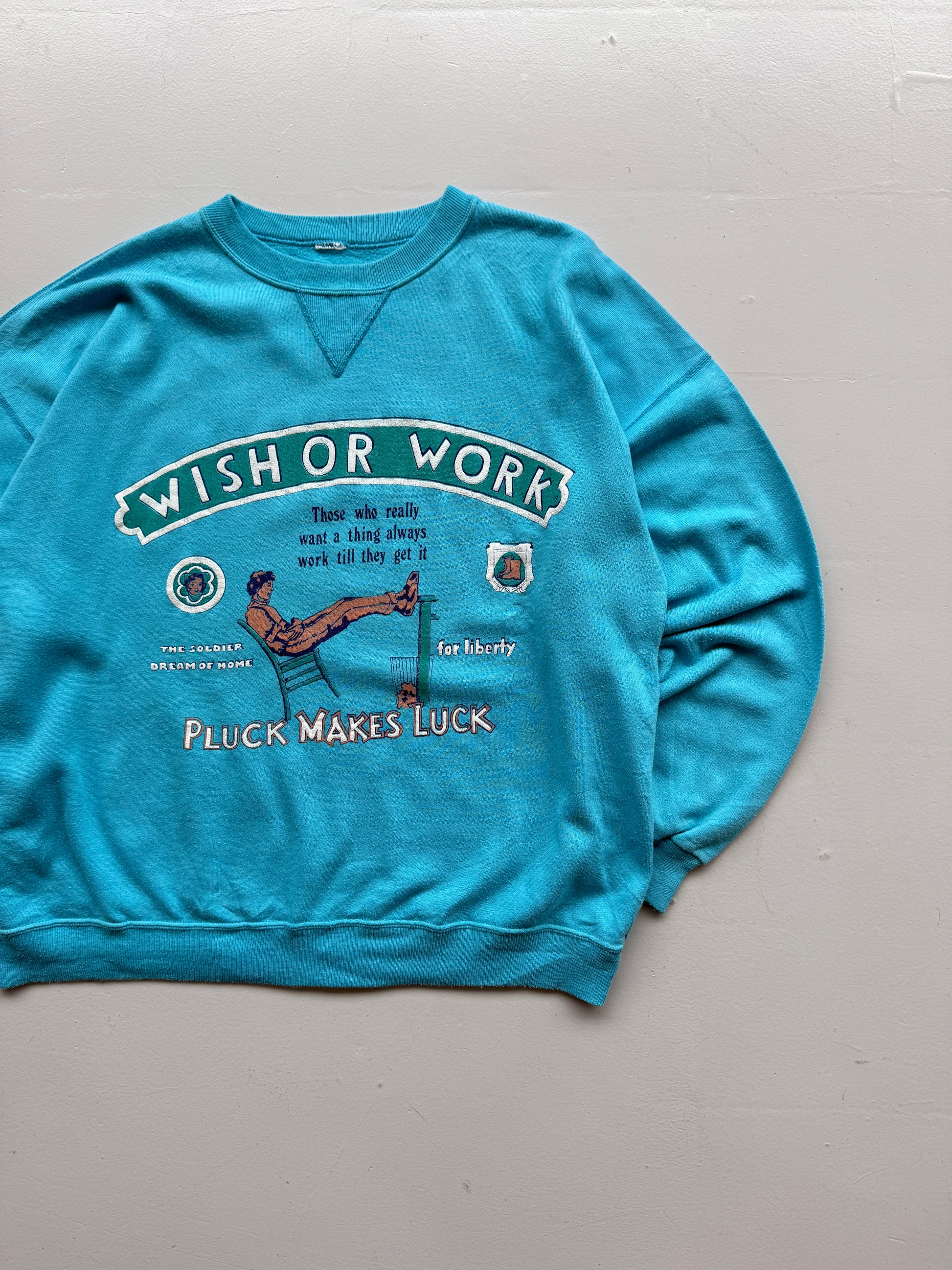 Light Blue Wish or Work 80's Vintage Graphic Sweatshirt Jumper - Large