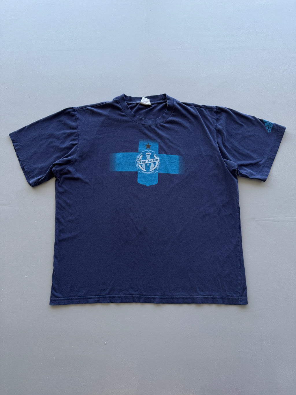 Navy Olympique de Marseille Droit Au But 90's Vintage Football Graphic T-Shirt -