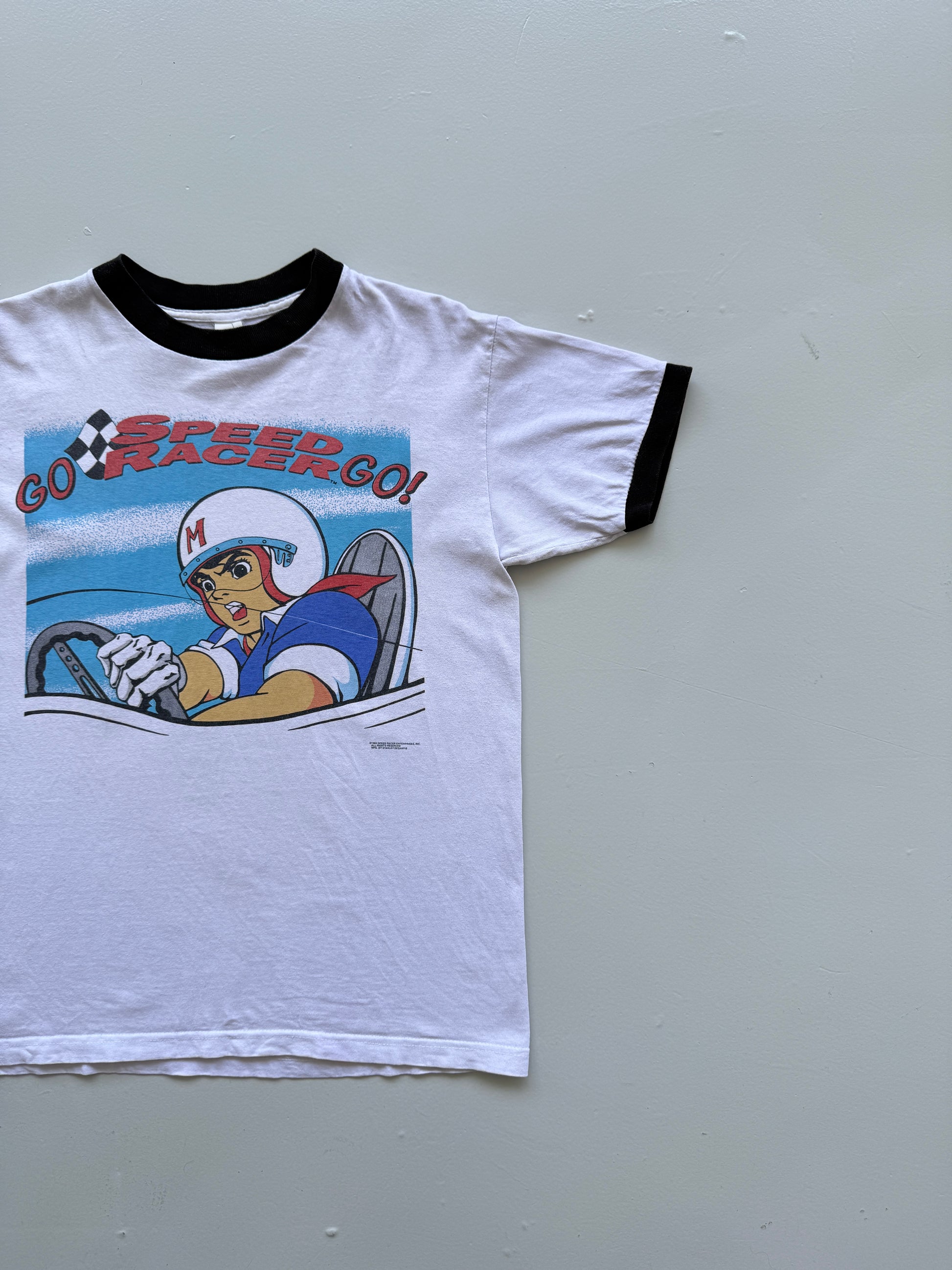 White Speed Racer 90's Vintage Anime Graphic Ringer T-Shirt - Medium