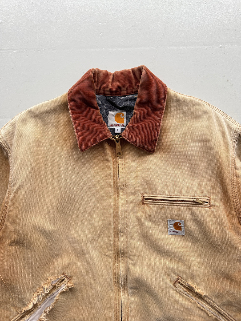 Faded Cream Carhartt 90's Vintage Thrashed  Detroit Jacket - Large