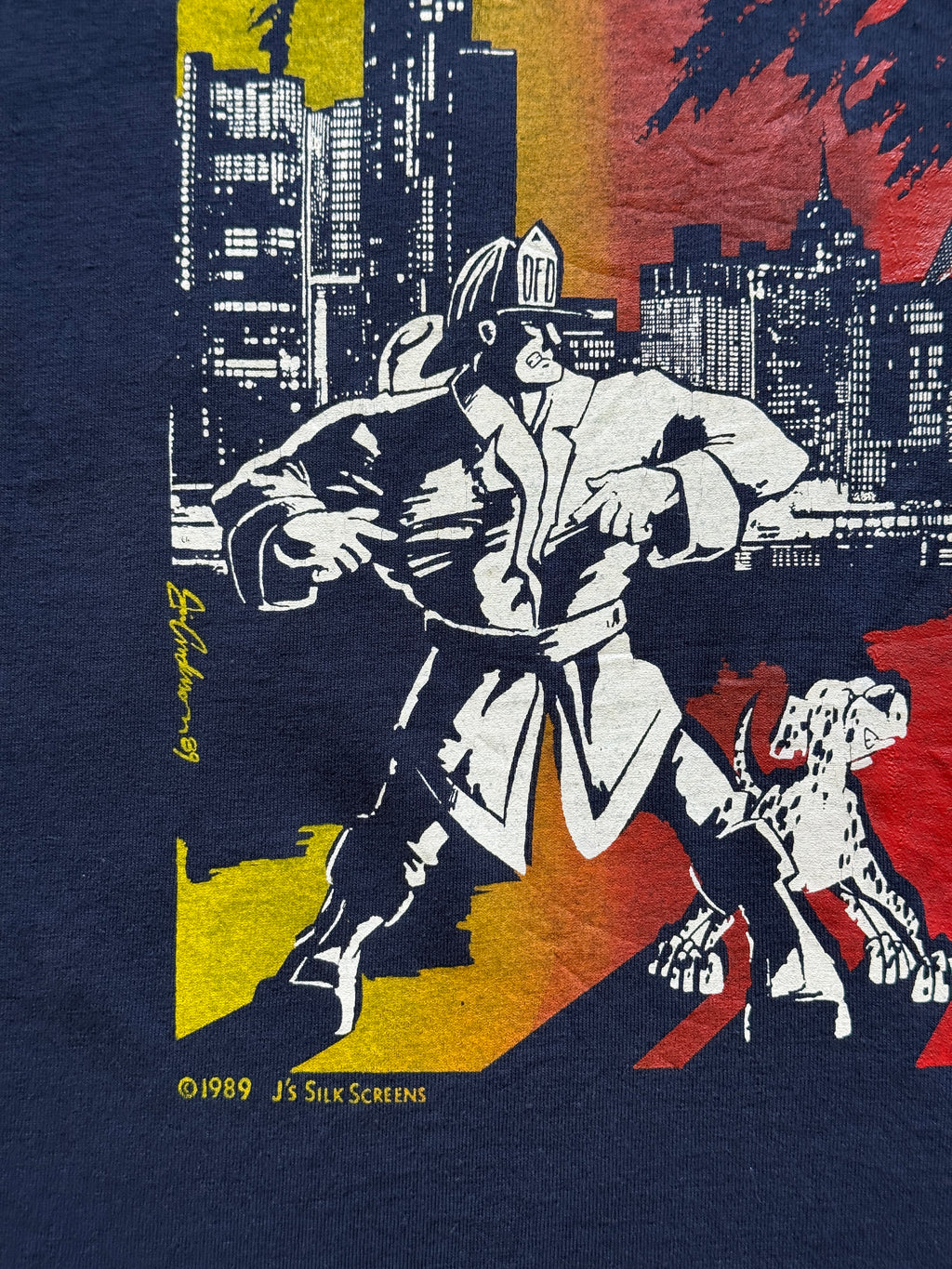 Navy Blue 80's Vintage Single Stitch Firefighter Graphic T-Shirt - Medium