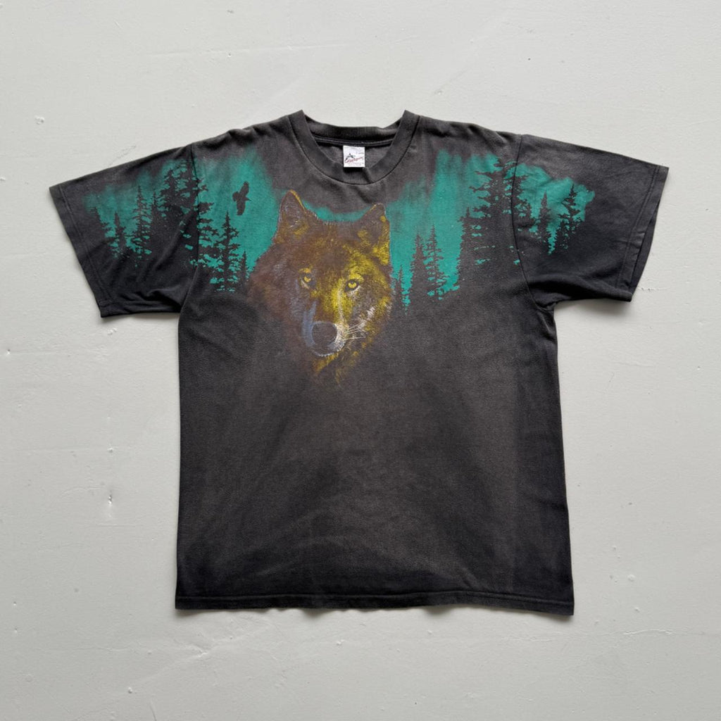 Faded Black Wolf 90s Vintage Graphic T-Shirt - Large
