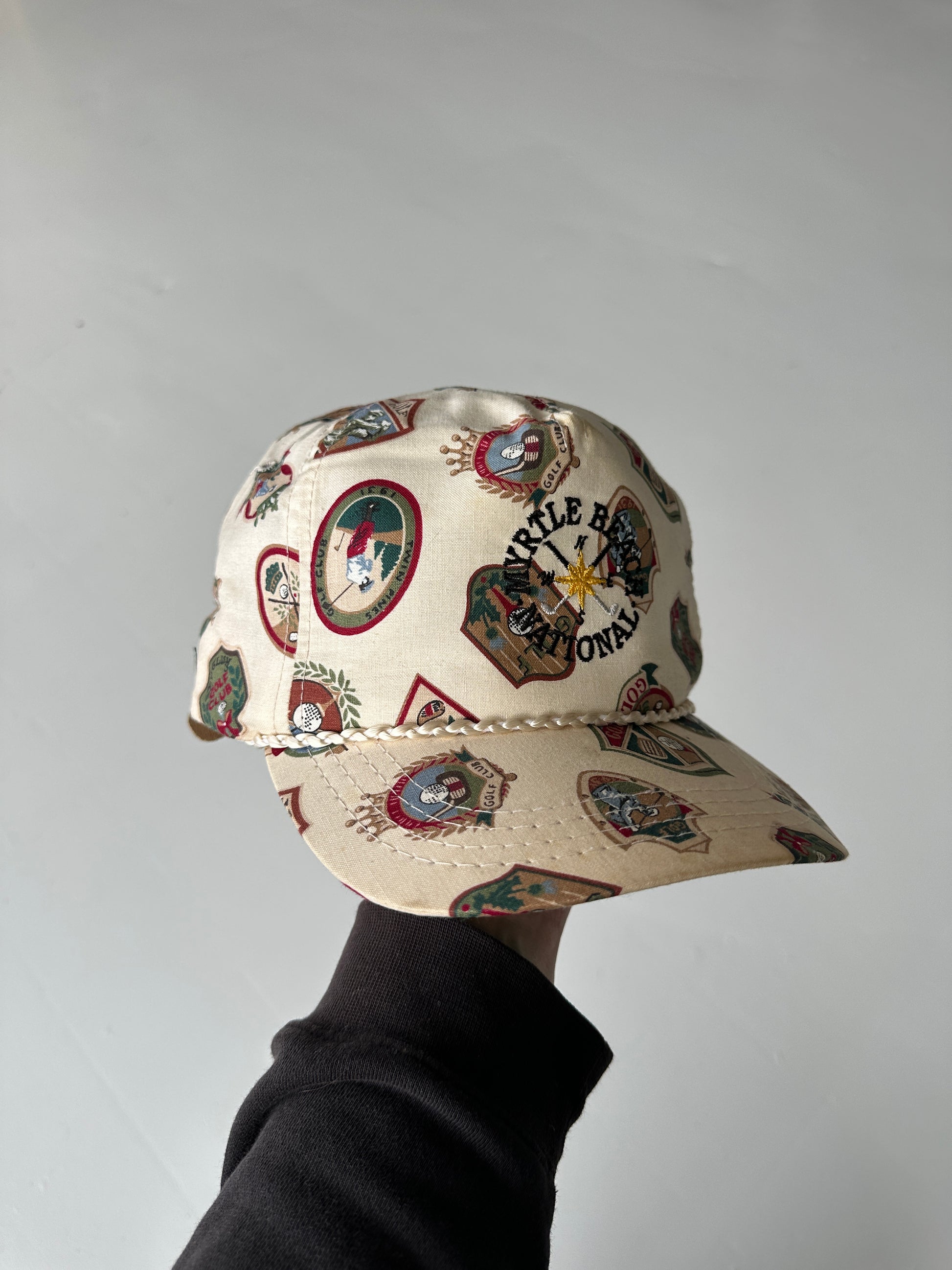 Cream Myrtle Beach Invitational Golf Vintage Leather Strap Trucker Cap