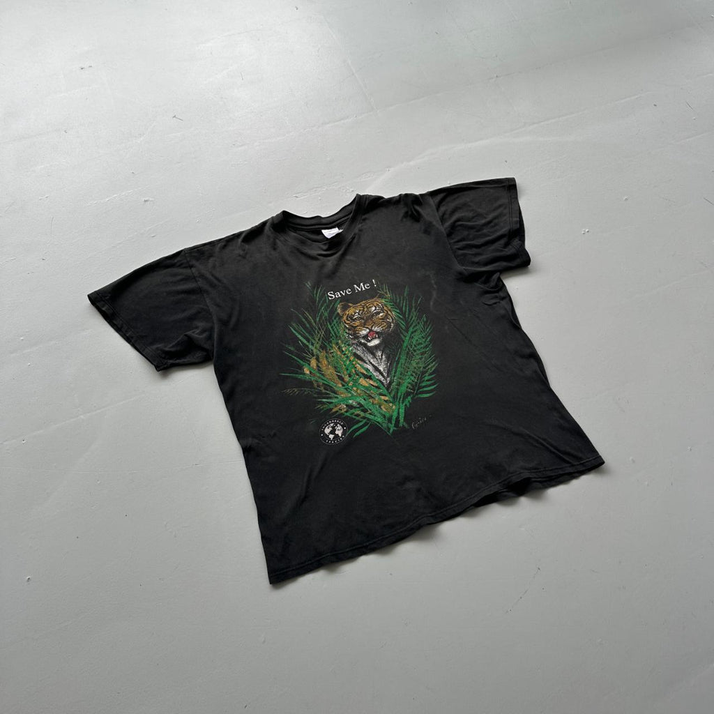 Black Faded Tiger Save me 90s Vintage T-shirt - Boxy XL