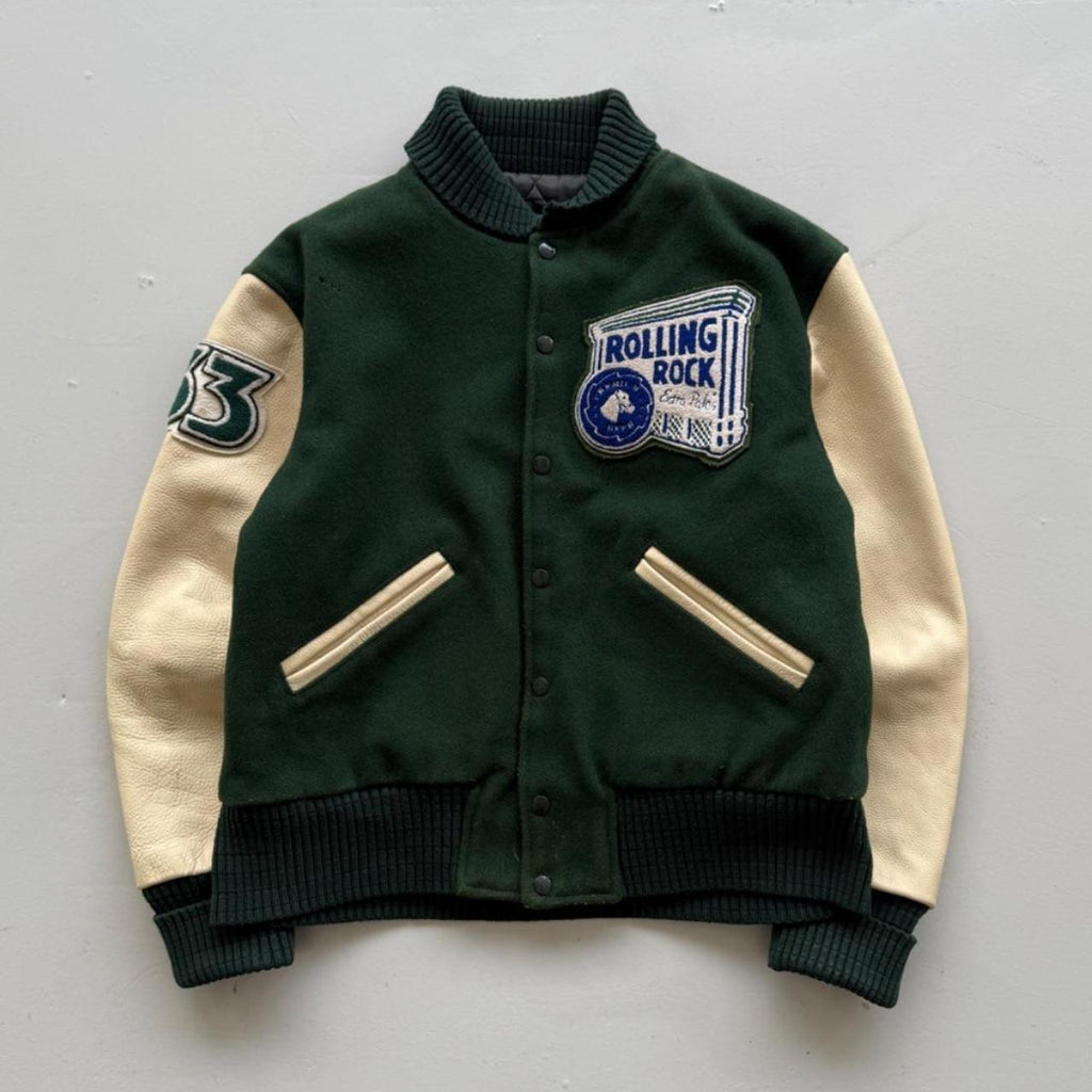 Green Rolling Rock Beer 80s Wool Leather Varsity Jacket - Medium