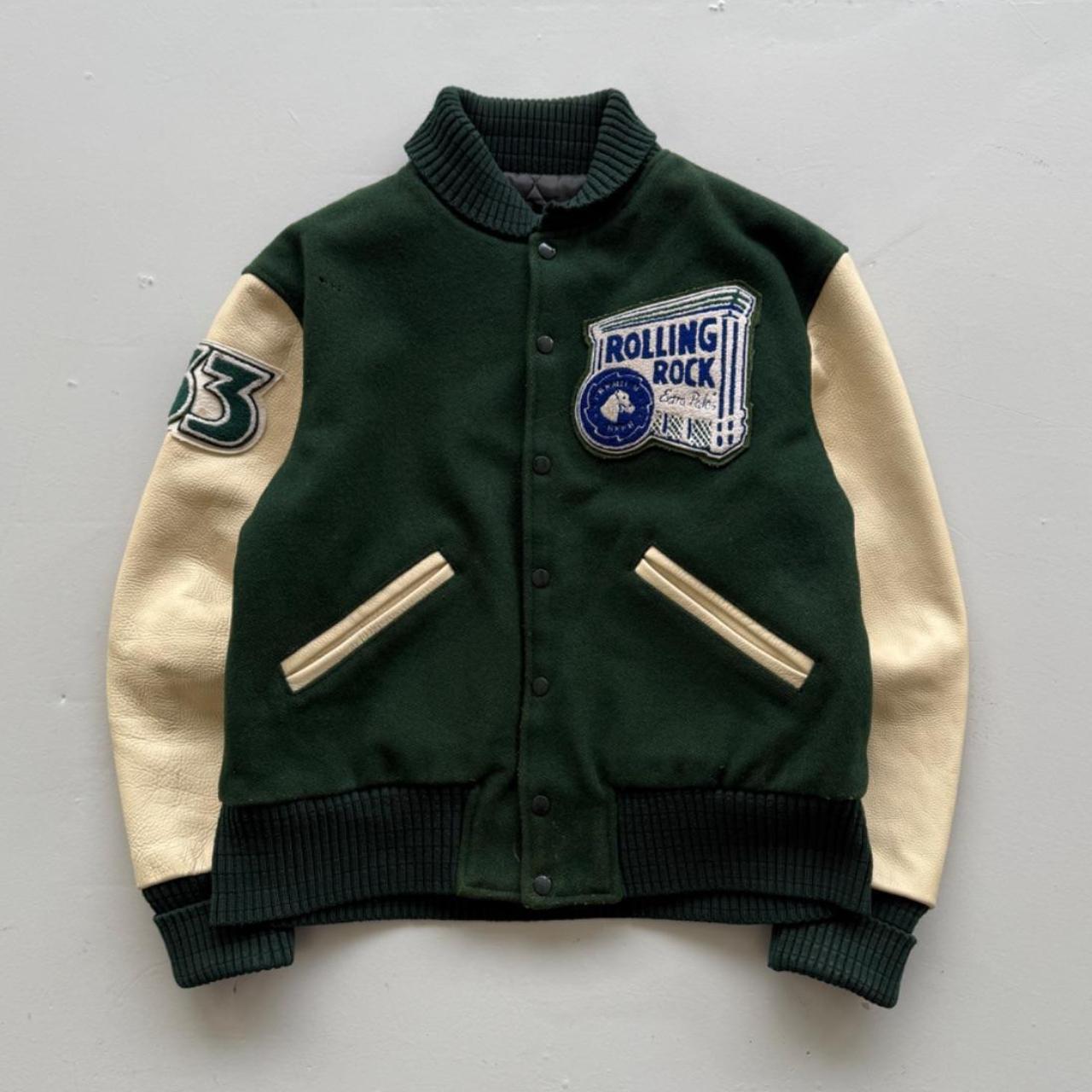 Green Rolling Rock Beer 80s Wool Leather Varsity Jacket - Medium