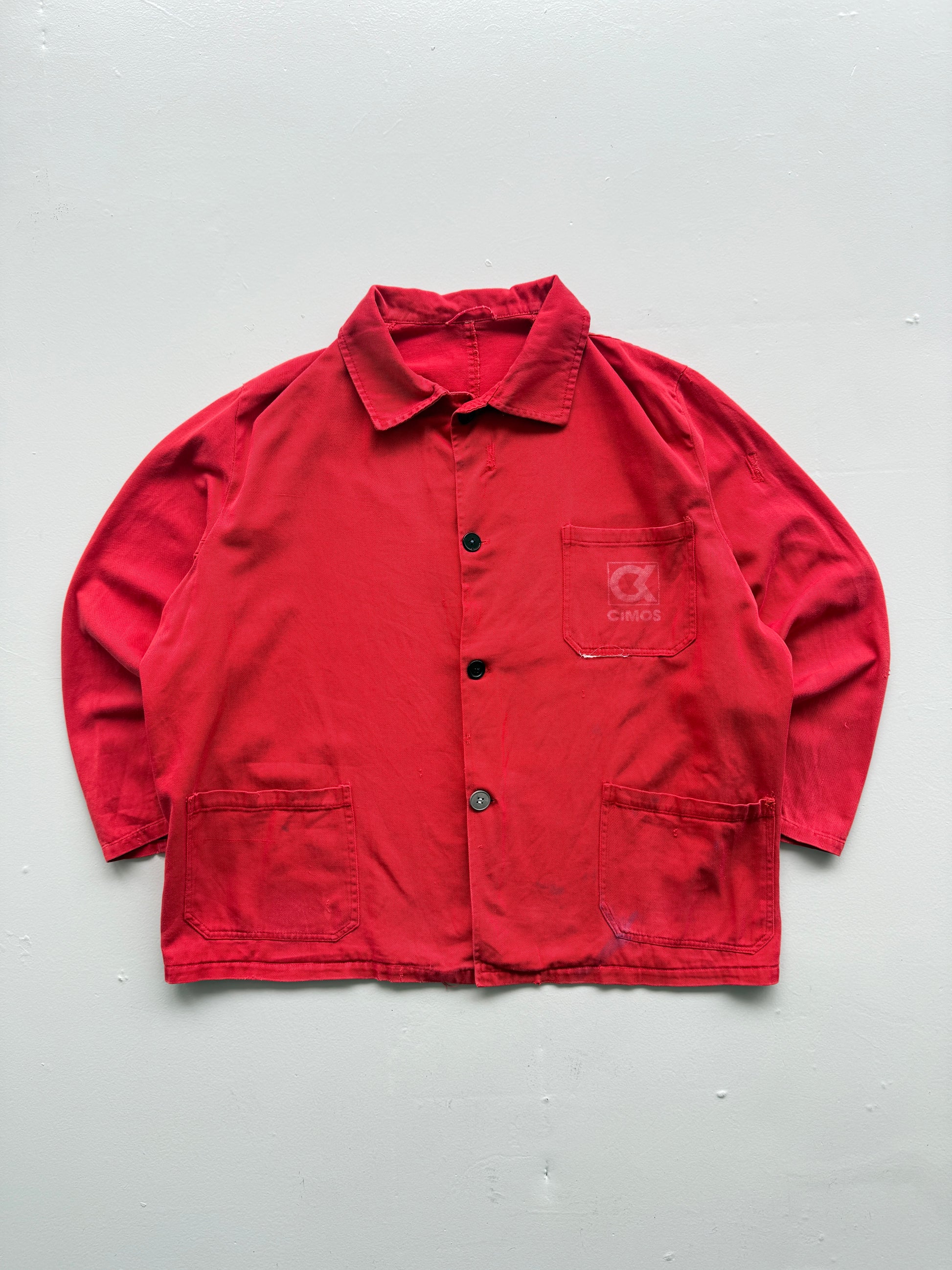 Red Thrashed French Chore Jacket 80's Vintage Workwear CH218 - Medium