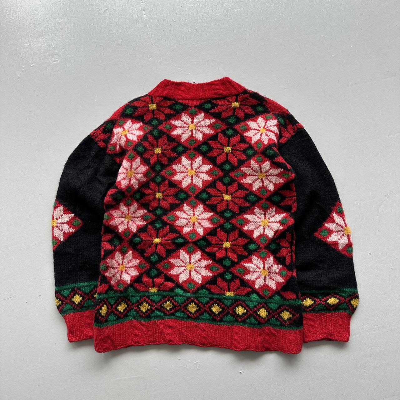 Red Floral Patterned 70s Vintage Woollen Knit Jumper - Medium