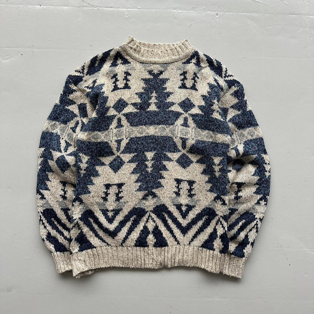 Cream Aztec Patterned 90s Vintage Woollen Knit Jumper - Medium