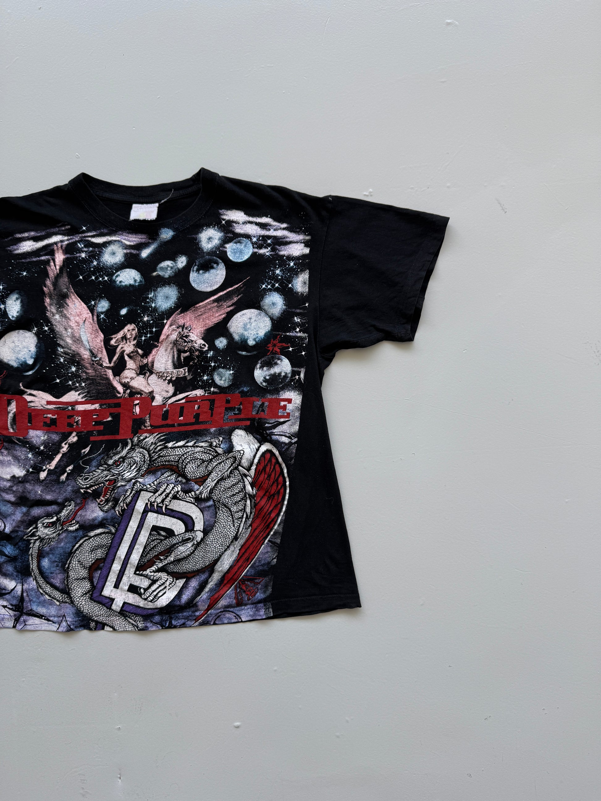Black Deep Purple 90's Vintage All Over Print Graphic Band Tour T-Shirt - Medium