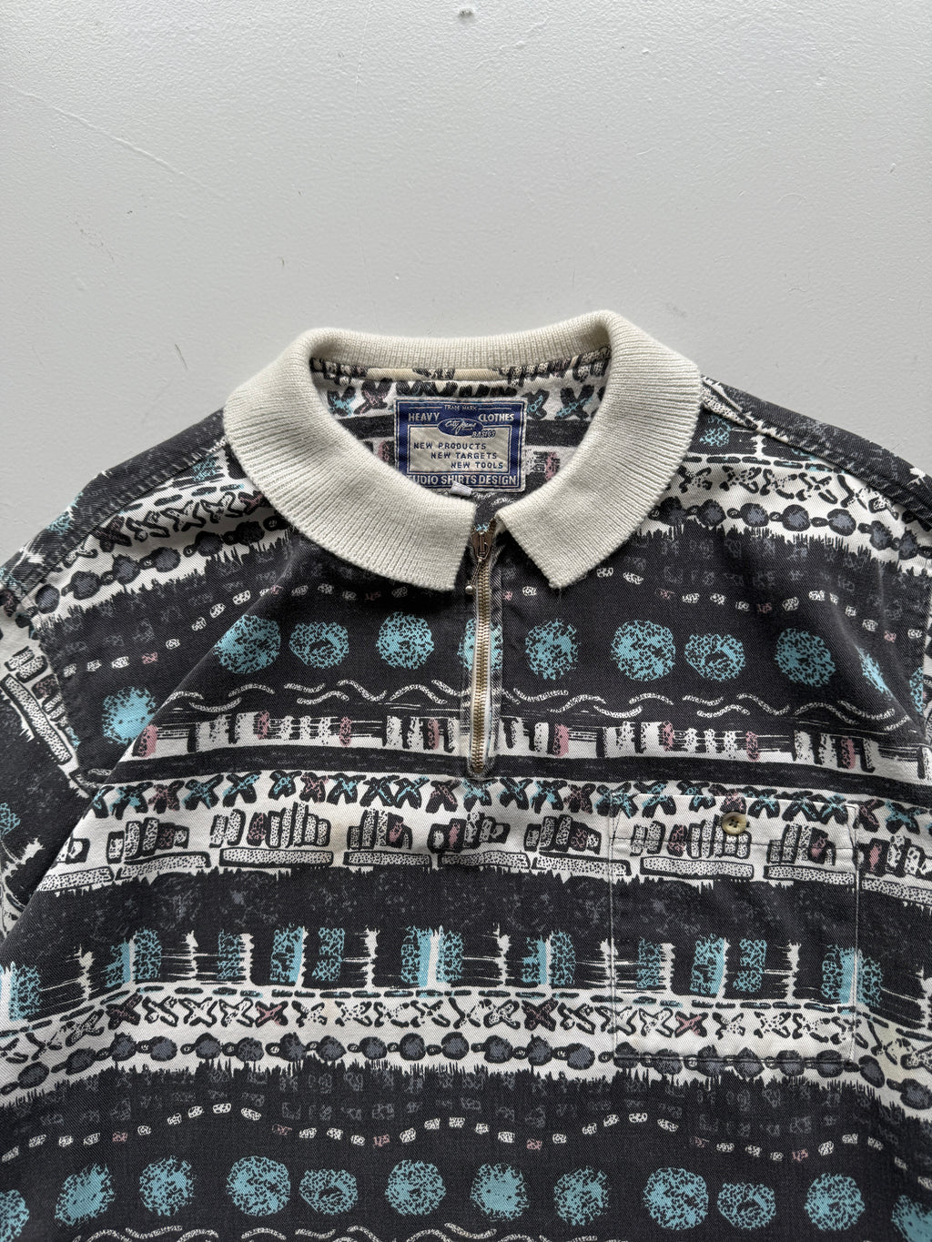 Striped Pattern Studio Shirt 80's Vintage Quarter Zip Pullover - XL