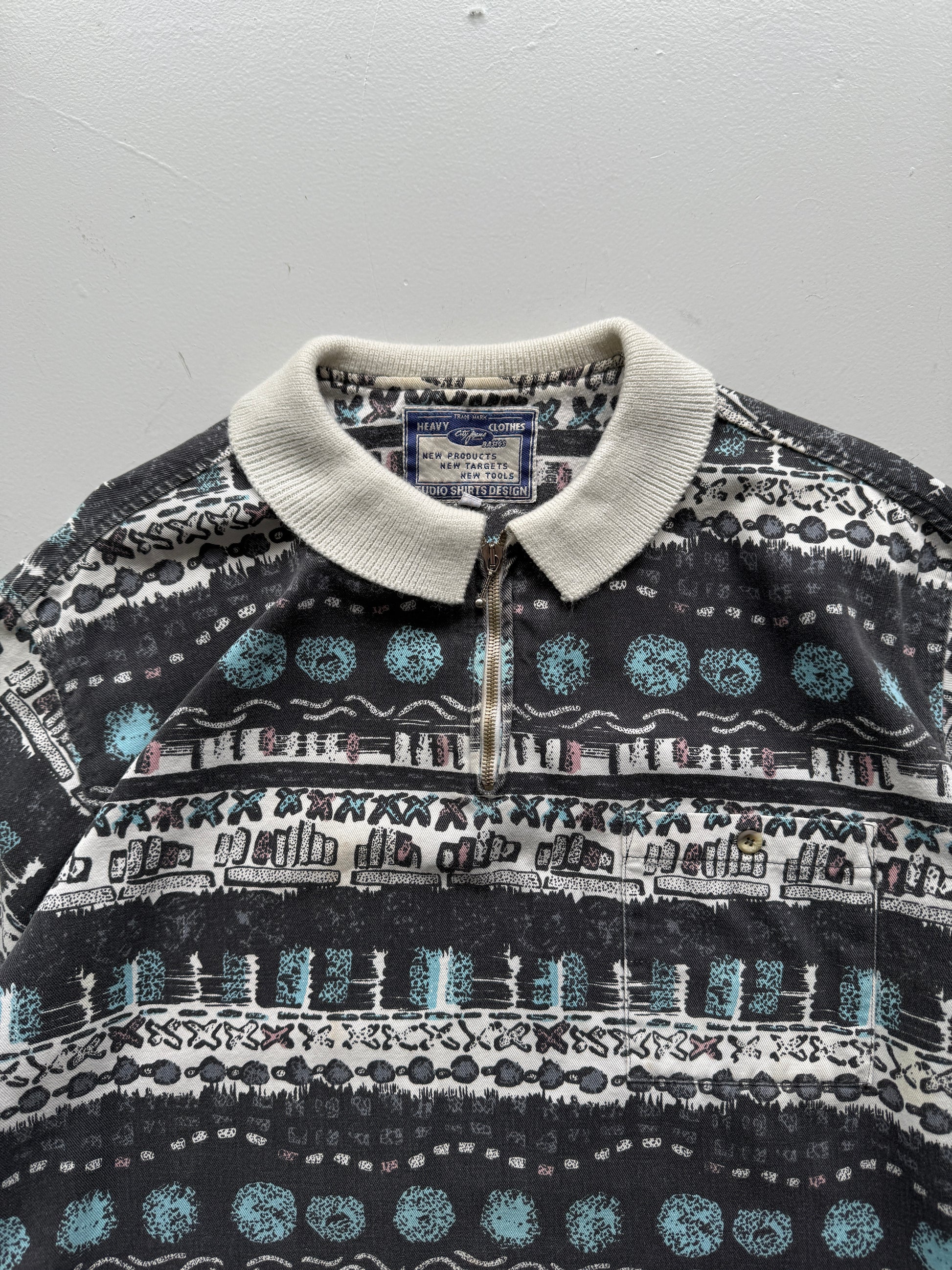 Striped Pattern Studio Shirt 80's Vintage Quarter Zip Pullover - XL