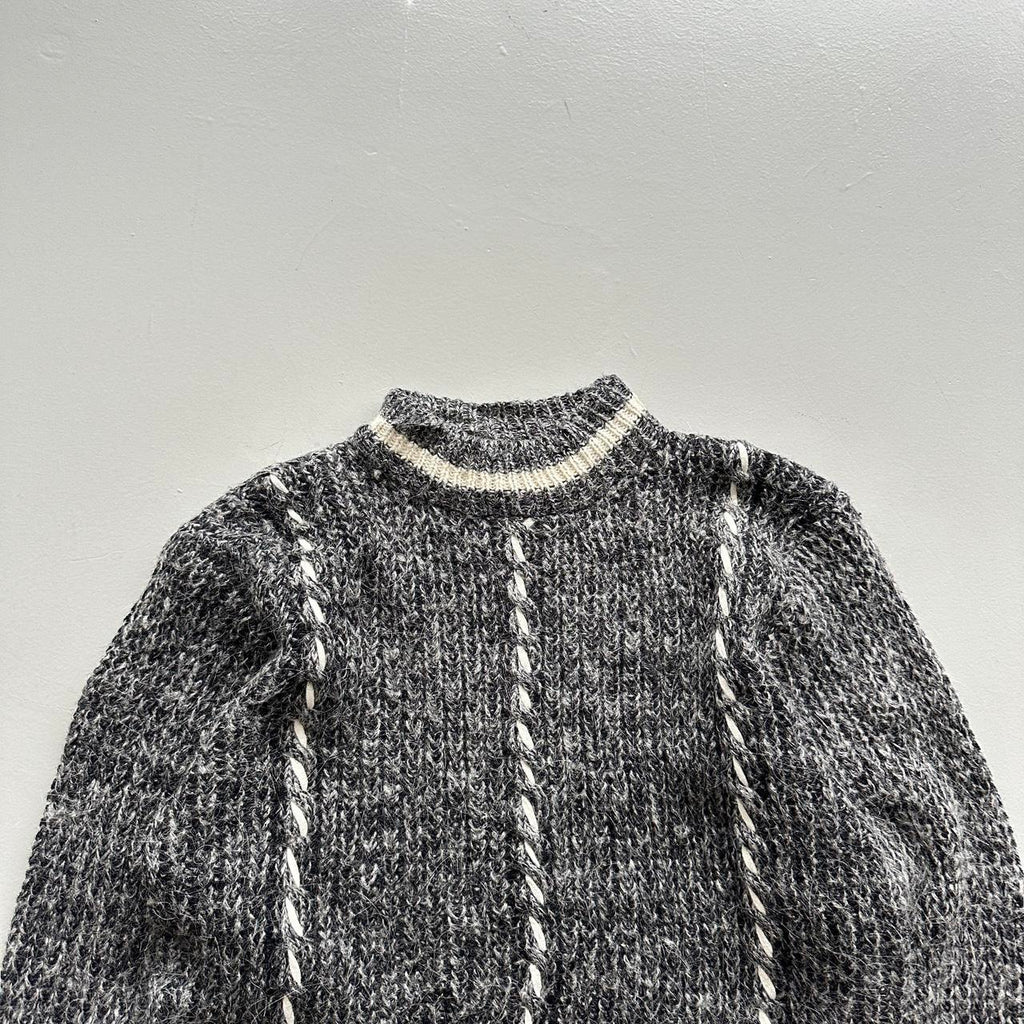 Grey Patterned Hand Knit Vintage Woollen Jumper - Medium