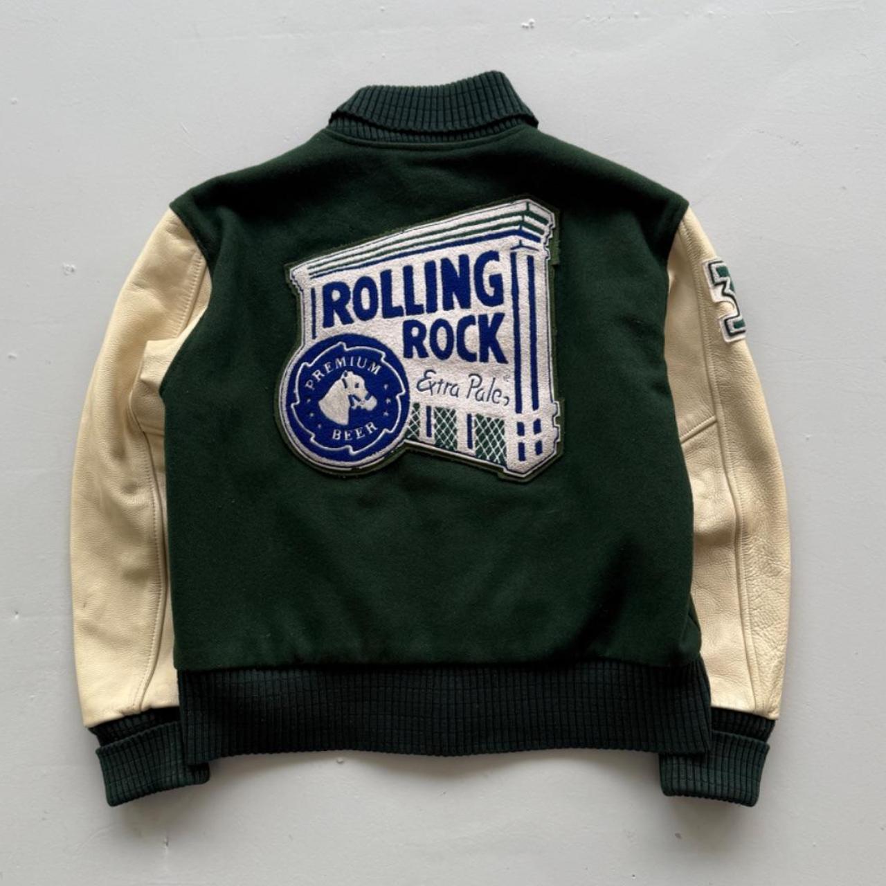 Green Rolling Rock Beer 80s Wool Leather Varsity Jacket - Medium