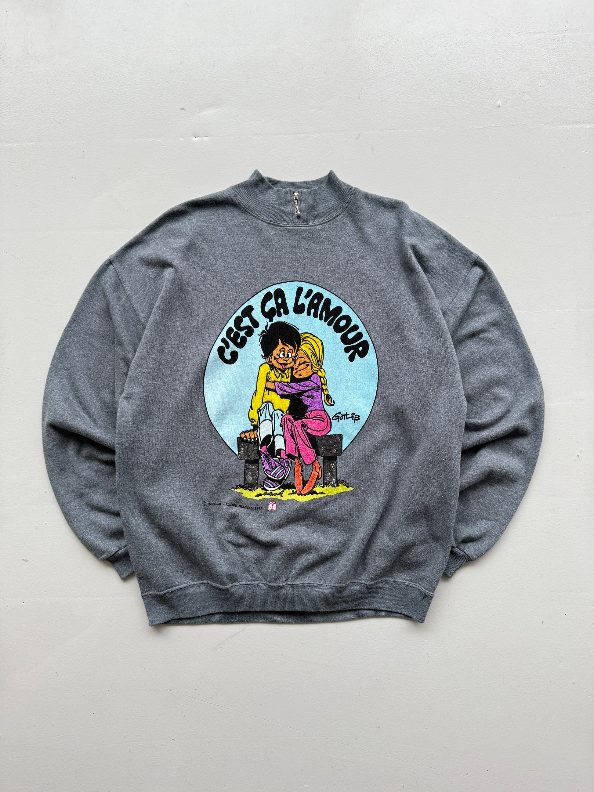Grey French Cartoon 90's Vintage Graphic Sweatshirt Jumper - Large