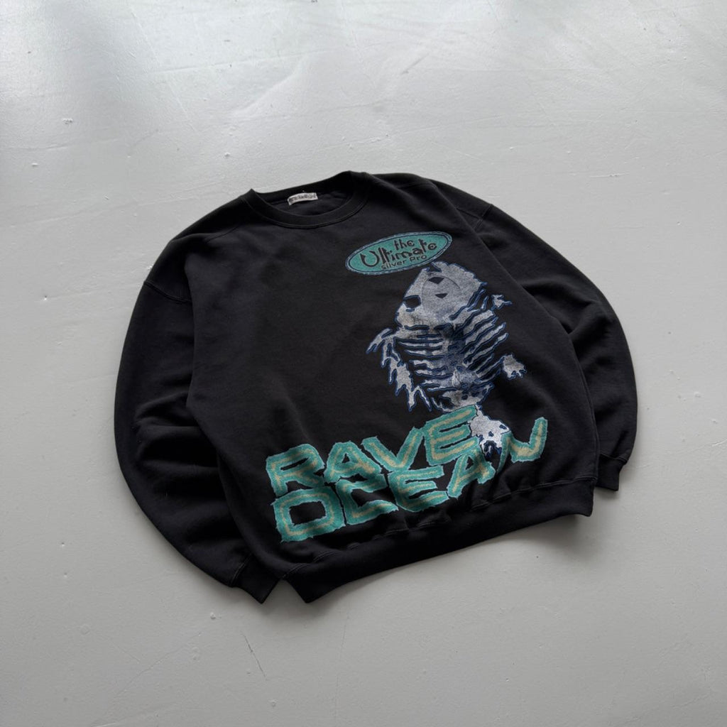 Faded Black Ocean Rave 90s Vintage Graphic Sweatshirt - XL