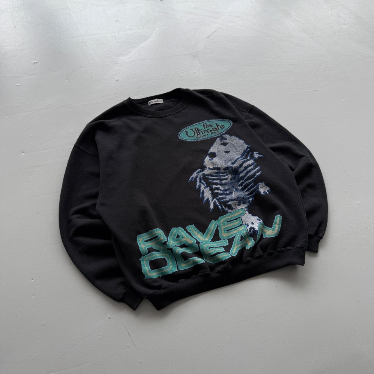 Faded Black Ocean Rave 90s Vintage Graphic Sweatshirt - XL
