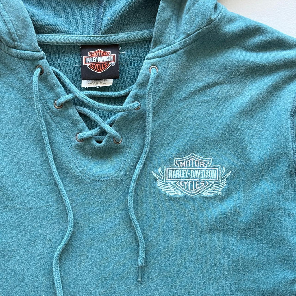Blue Harley Davidson 00's Y2K Jumper Hoodie - Womens Large