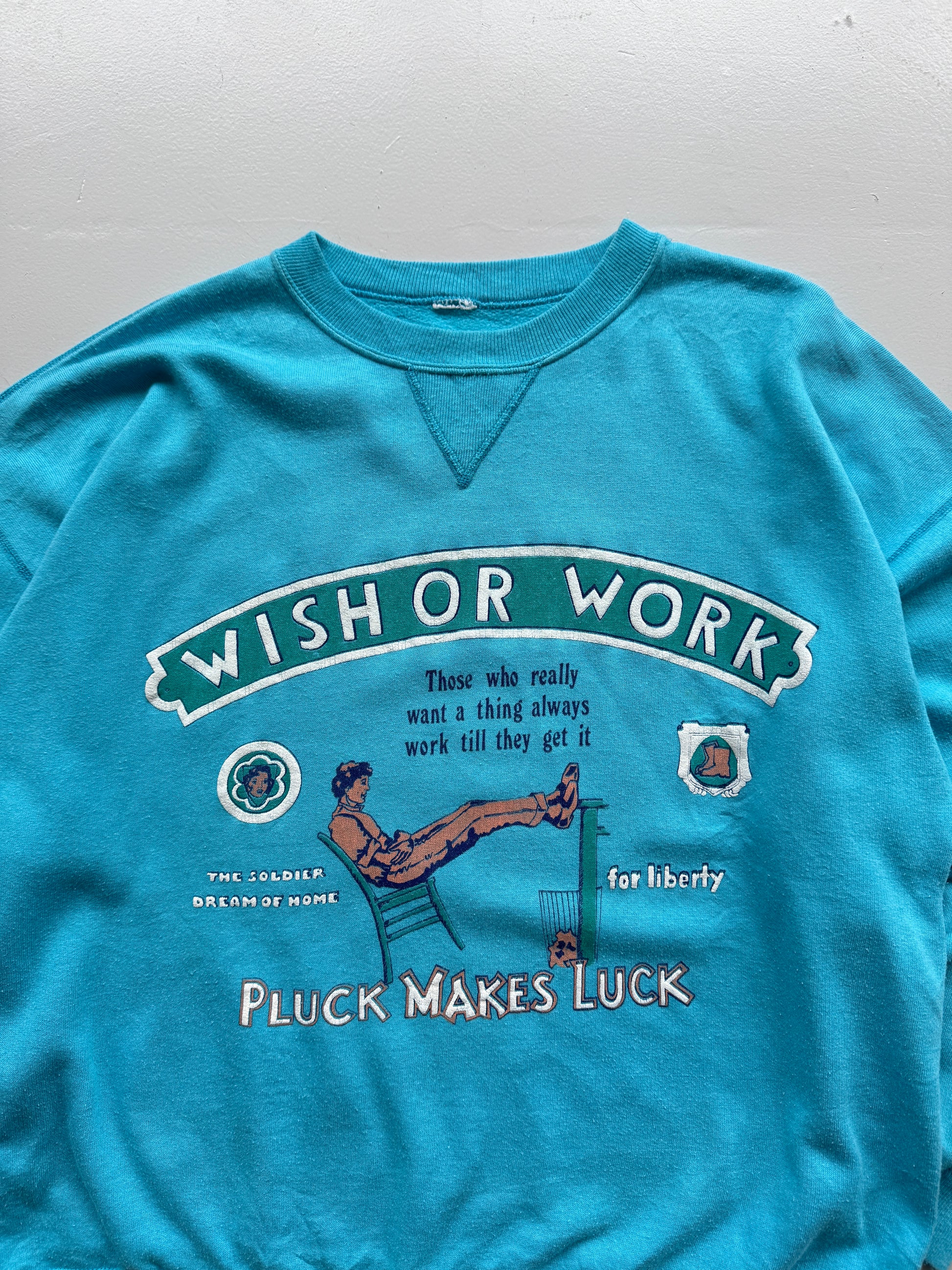 Light Blue Wish or Work 80's Vintage Graphic Sweatshirt Jumper - Large