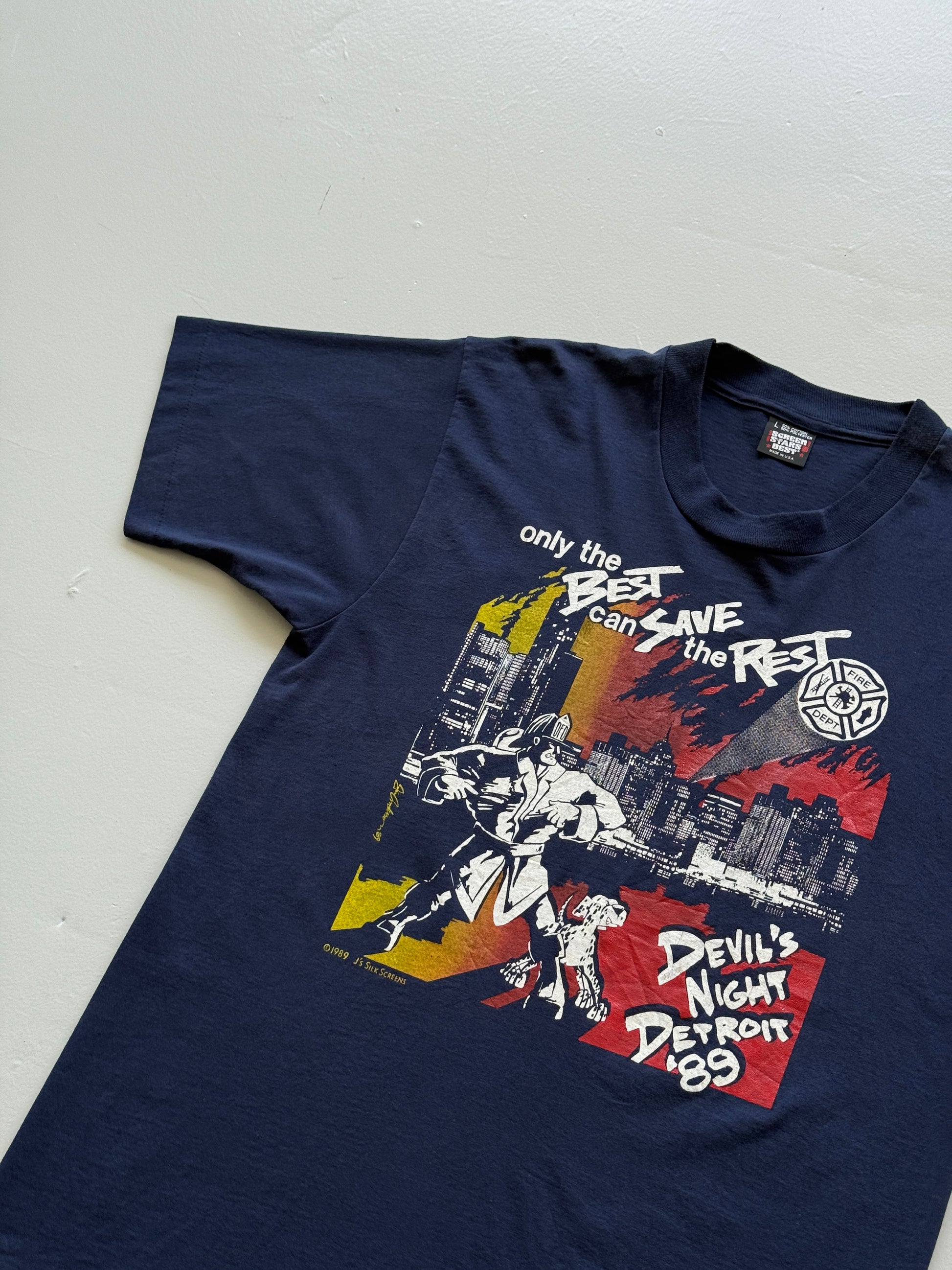 Navy Blue 80's Vintage Single Stitch Firefighter Graphic T-Shirt - Medium