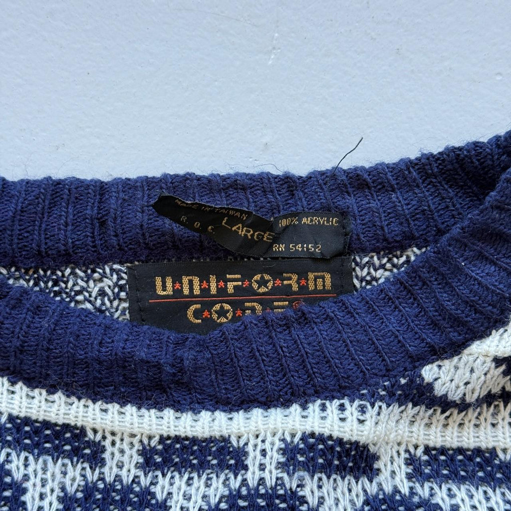 Blue Patterned Knitted 90s Acrylic Knit Jumper - Large