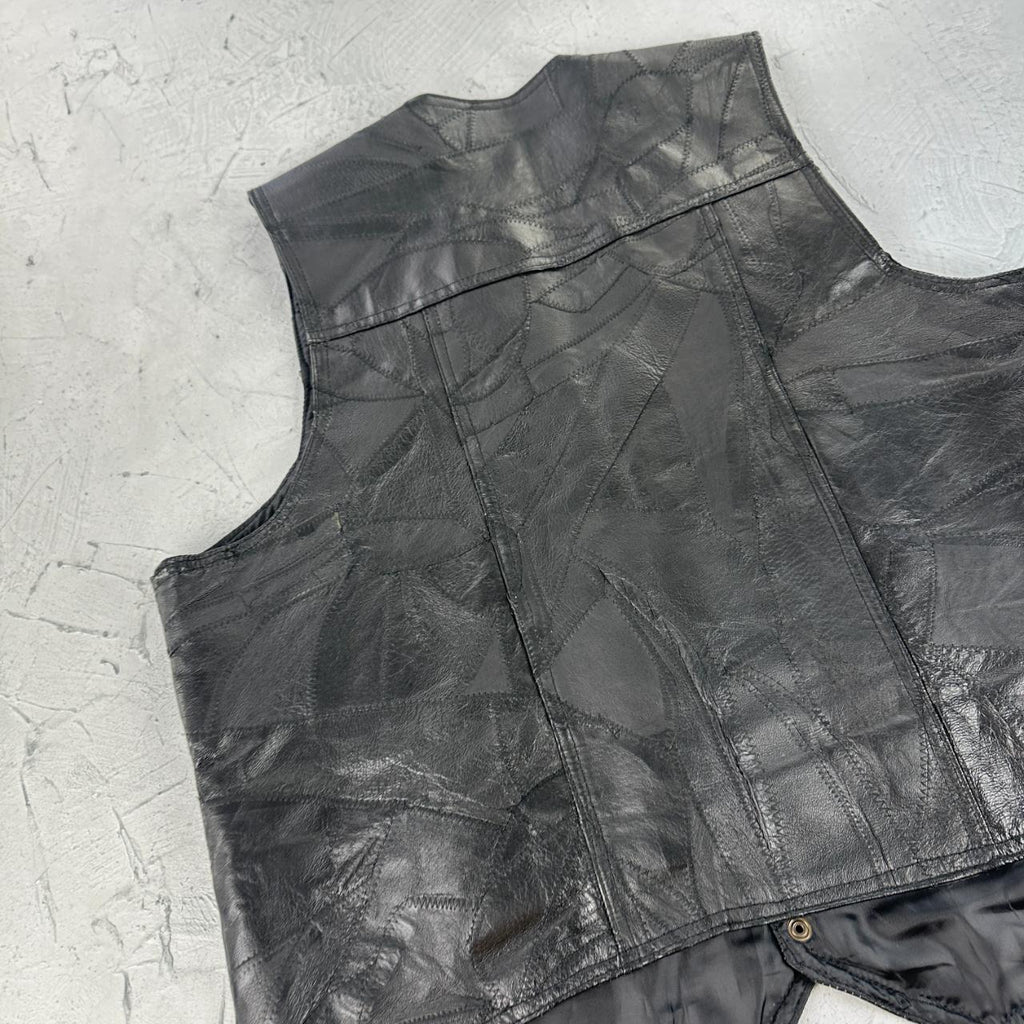 Black Leather 90s Patchwork Biker Waistcoat - Large