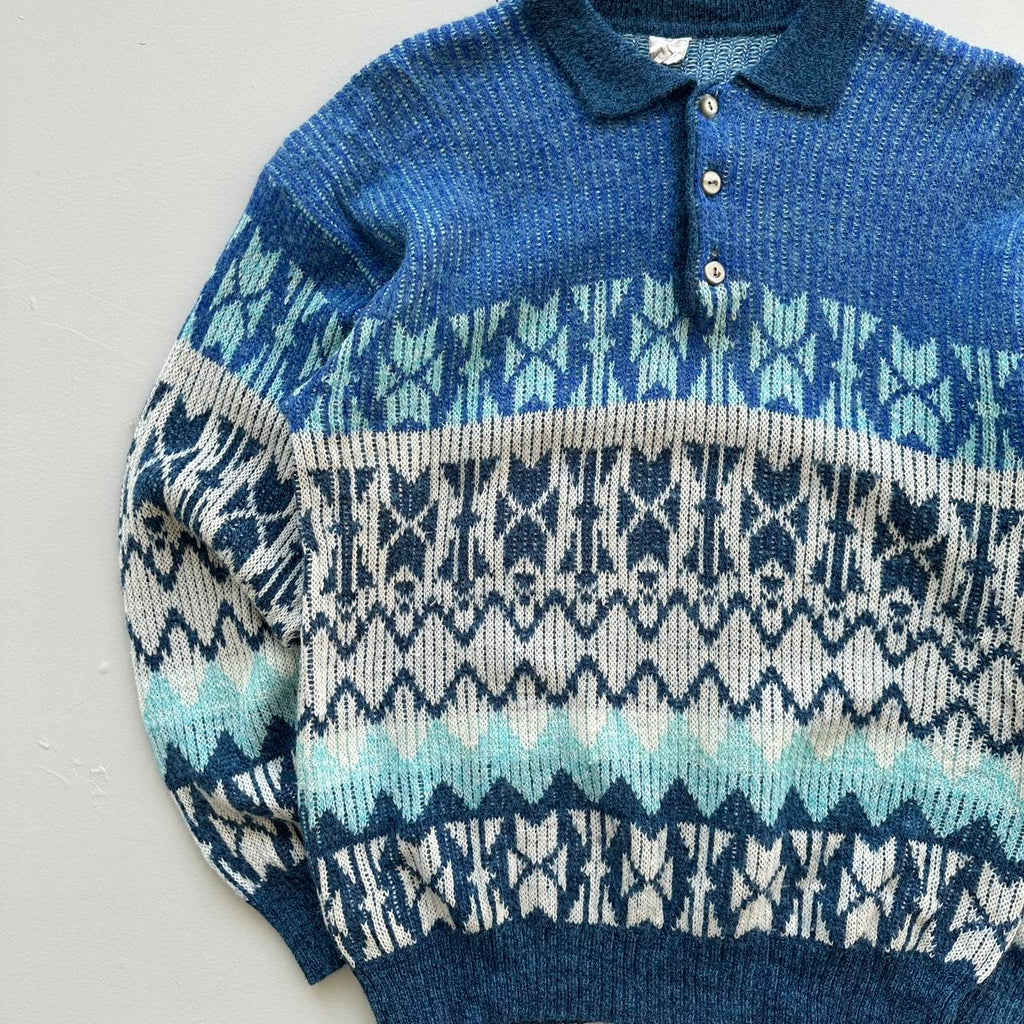 Blue 3D Knit Quarter Collar 90s Knitted Sweatshirt - Large