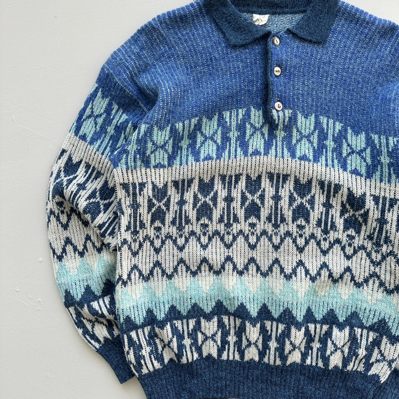 Blue 3D Knit Quarter Collar 90s Knitted Sweatshirt - Large