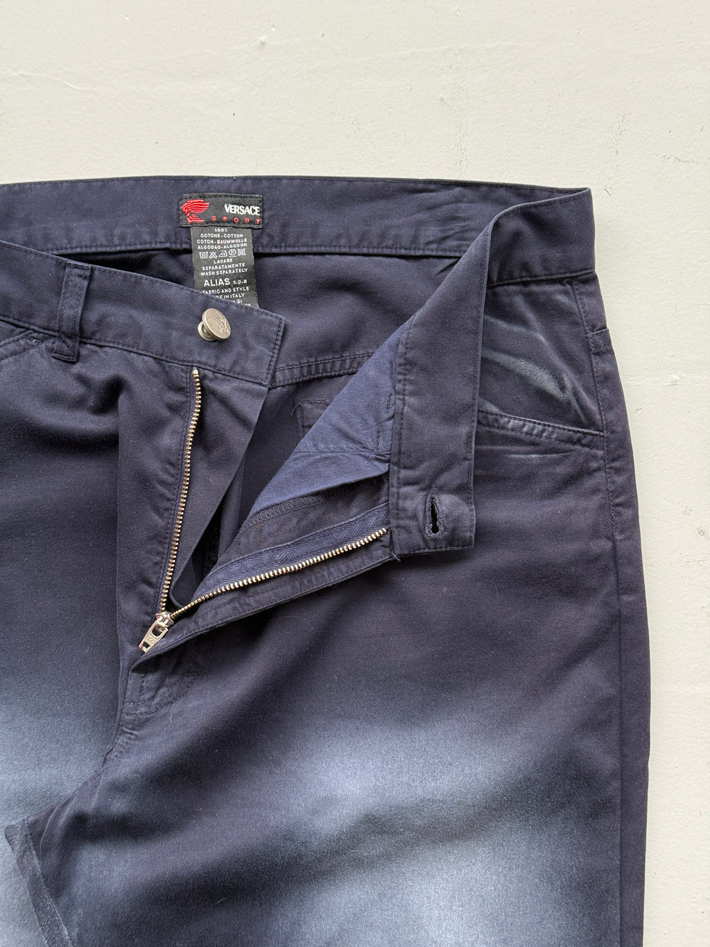 Navy Blue Versace Y2K Vintage Low Rise Faded Trousers - UK 14