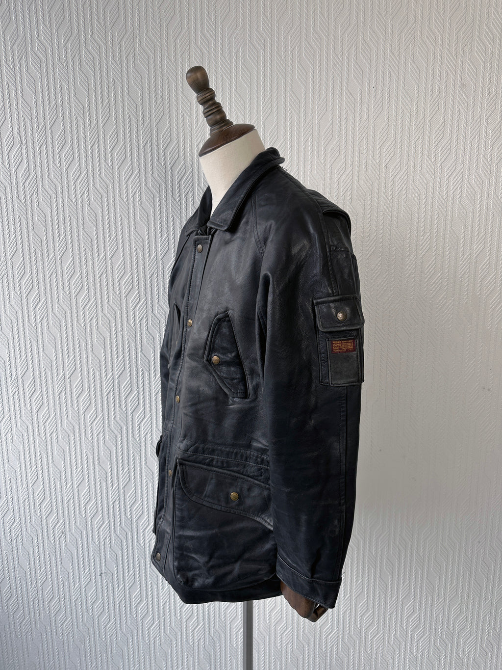 Black Vintage Redskins Leather Jacket 90's Army & Civil B32 - Large
