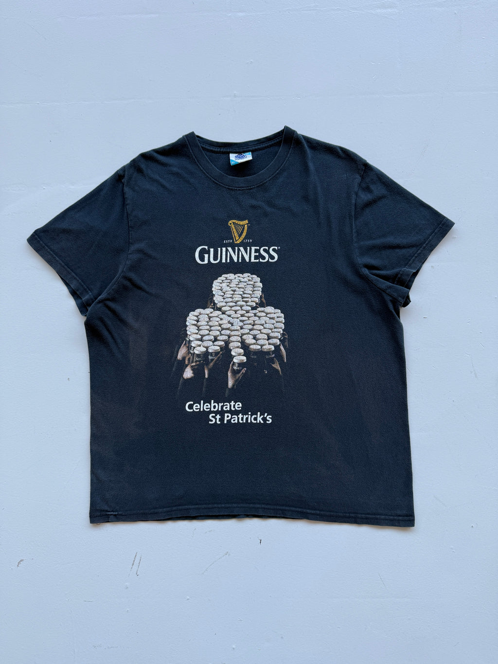 Faded Black Guinness 00's Vintage St Patricks Day Graphic T-Shirt- XL