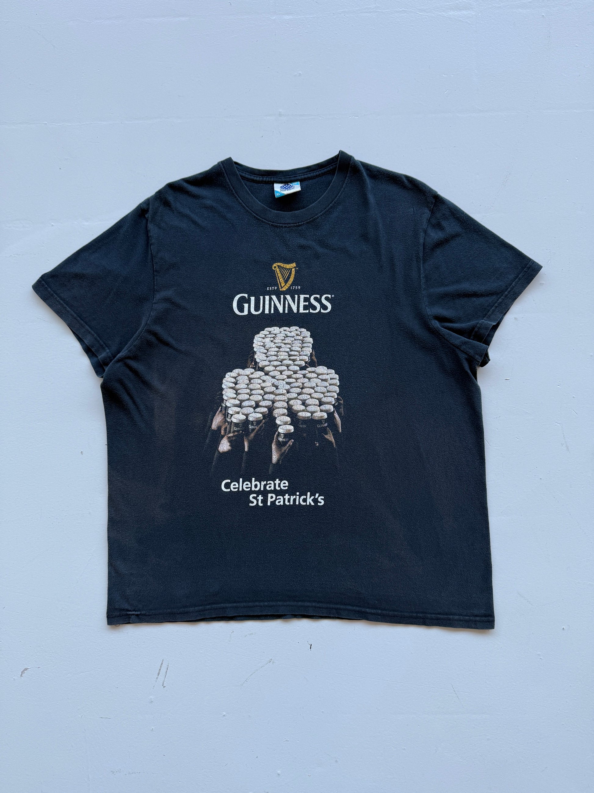 Faded Black Guinness 00's Vintage St Patricks Day Graphic T-Shirt- XL