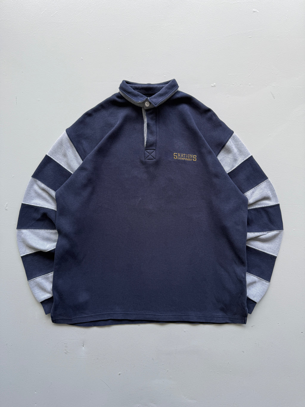 Navy Blue Five Nations 90's Vintage Long Sleeve Rugby Polo Jersey - XL